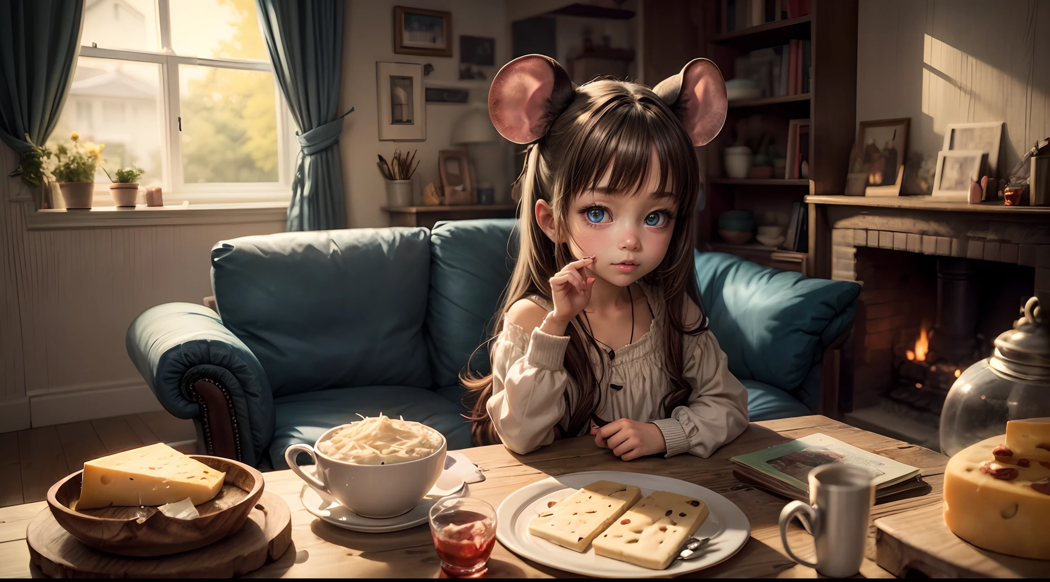 "A captivating anime-style illustration of a  girl donning mouse ears, surrounded by cheese, in a cozy room. Vibrant colors, anime charm, heartwarming, the epitome of comfort and cuteness."