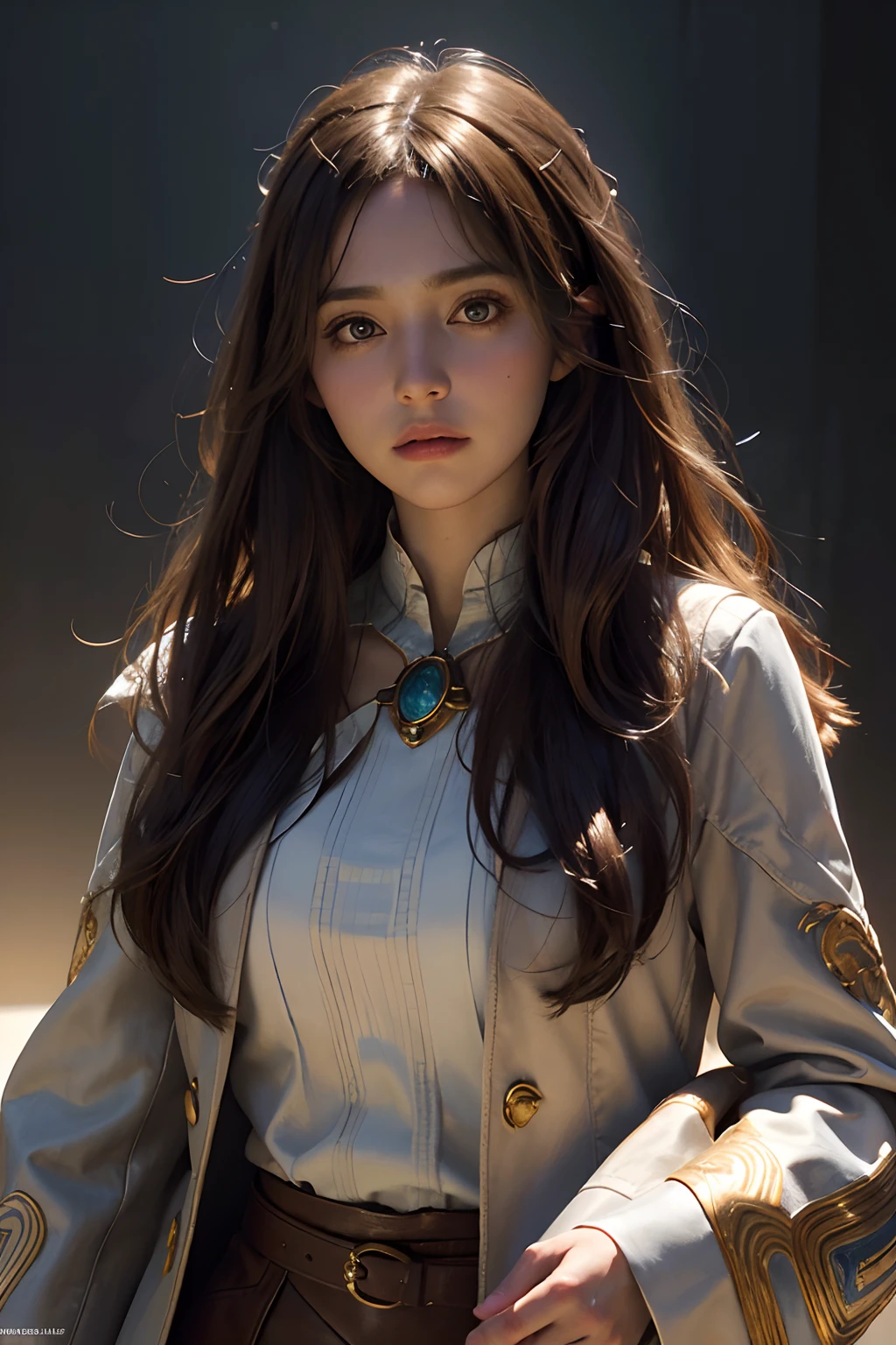 Hyperrealist portrait of female by david hockney and alphonse mucha,fantasy art, photo realistic, dynamic lighting, artstation, poster, volumetric lighting, very detailed faces, 4 k, award winning,, 1girl, in the dark, deep shadow, low key,cowboy shot,(official clothing:1.4) ,long hair,brown hair,