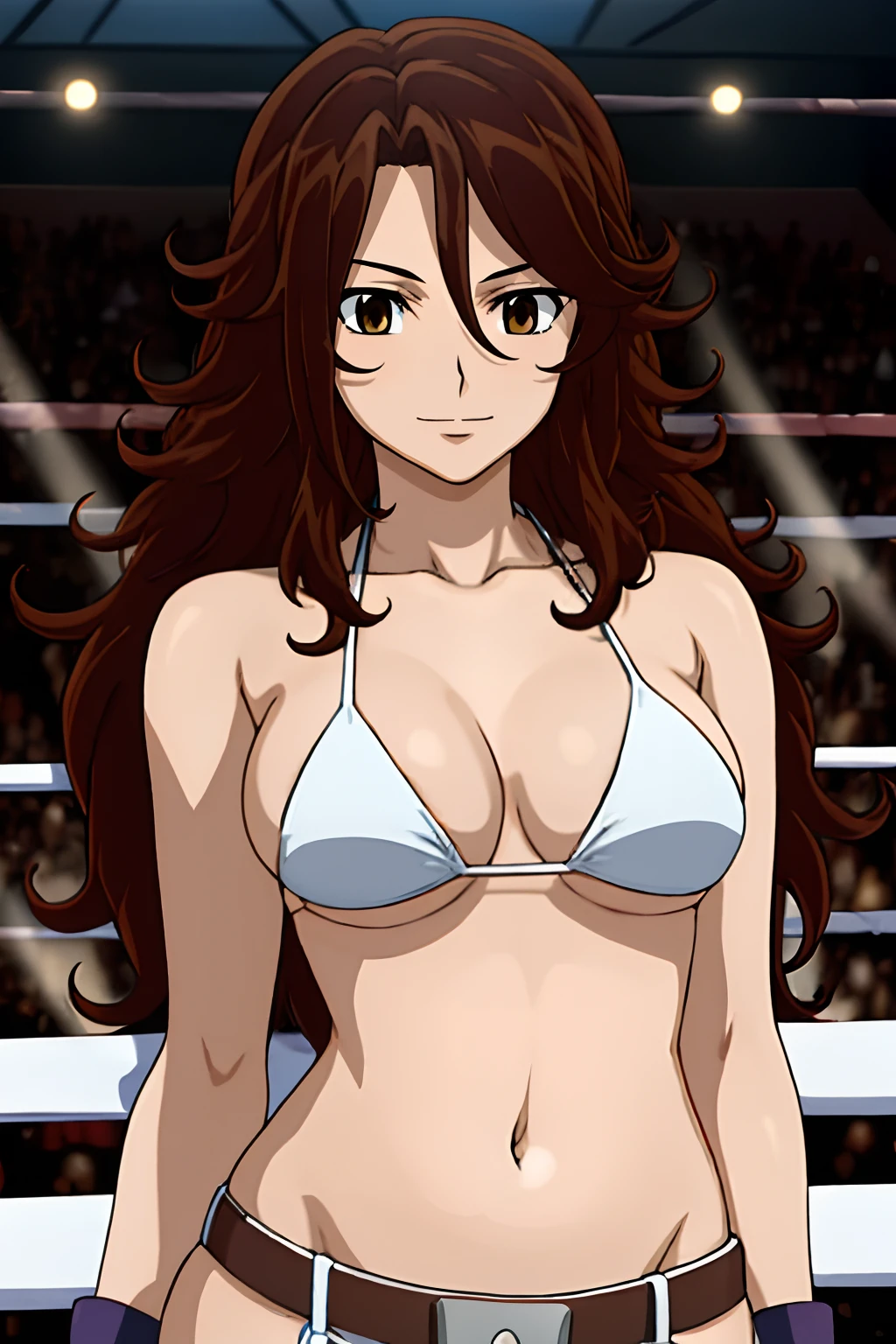 curvy belly, titration screen,, Elegant lady, (upper body only), anime style: 1.8, anime drawing, ultra detailed face, ultra detailed body, 4k, Sumergai Lee Noriega, (standing), best quality, anime style, hires, highest definition, digital blending, bold drawing lines, ((wwe diva), (location: wrestling arena, crowds watching), ( big shoulders, slim body, (wrestler body, thick arms, detailed biceps), , broad shoulders, closed fists, (very curvy: 2.8)), ((white bikini, only, white gloves, collar, hand protector, (champion belt on bare belly))), loser, defeated, sad, (pale skin, big breasts, smile), (big eyes, brown eyes), (clapping), ( brown hair, loose hair, curly hair, wavy hair, long hair, missy hair), 27 years old,