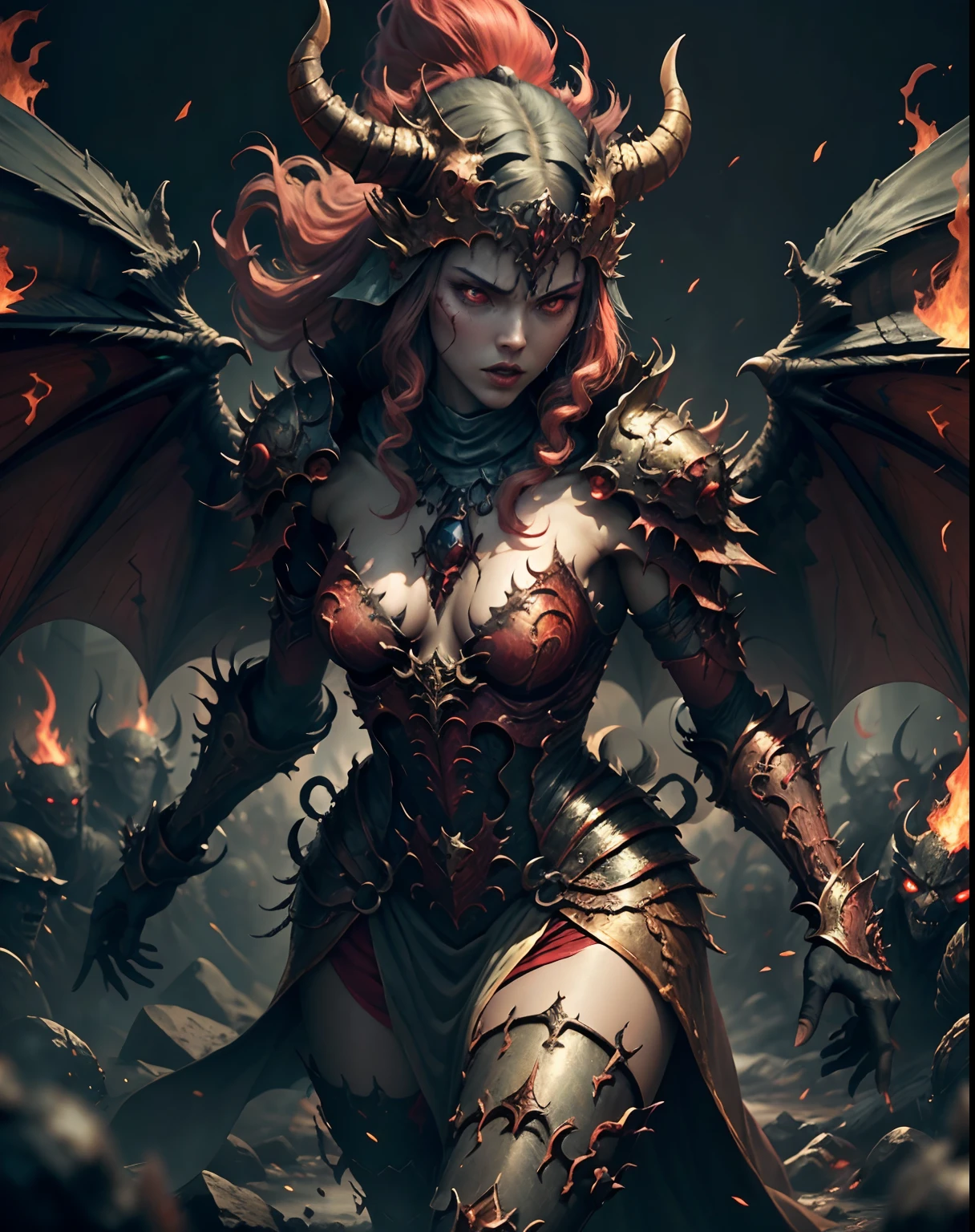 Scary legendary demon in the realm of hell burning fire with army of demons