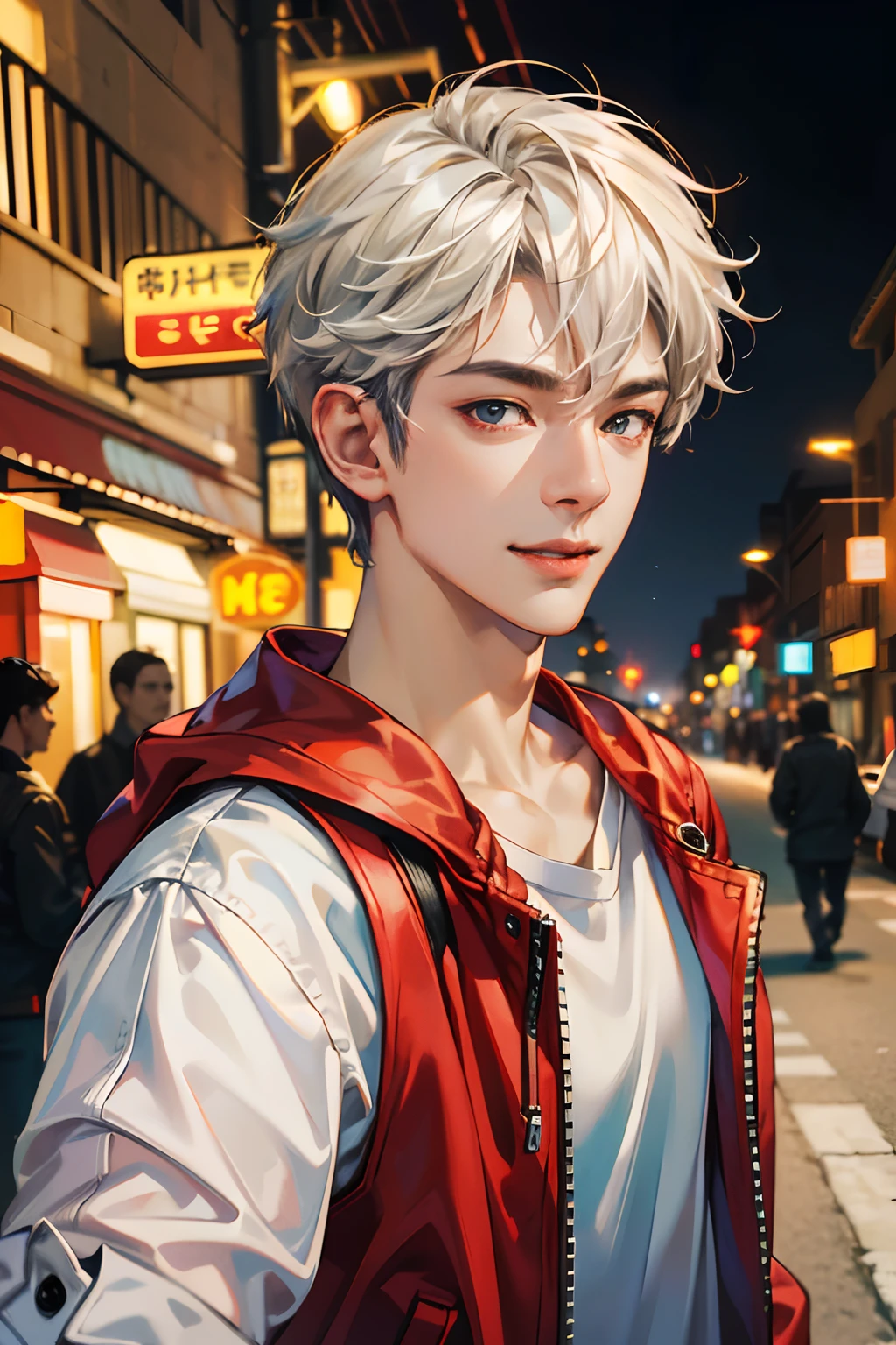 (absurdres, highres, ultra detailed, HDR), masterpiece, best quality, 1boy, handsome, short hair, finely eye and detailed face, (white t-shirt), (red jacket), dimple, night street, night city, midnight, selfie shot, light smile