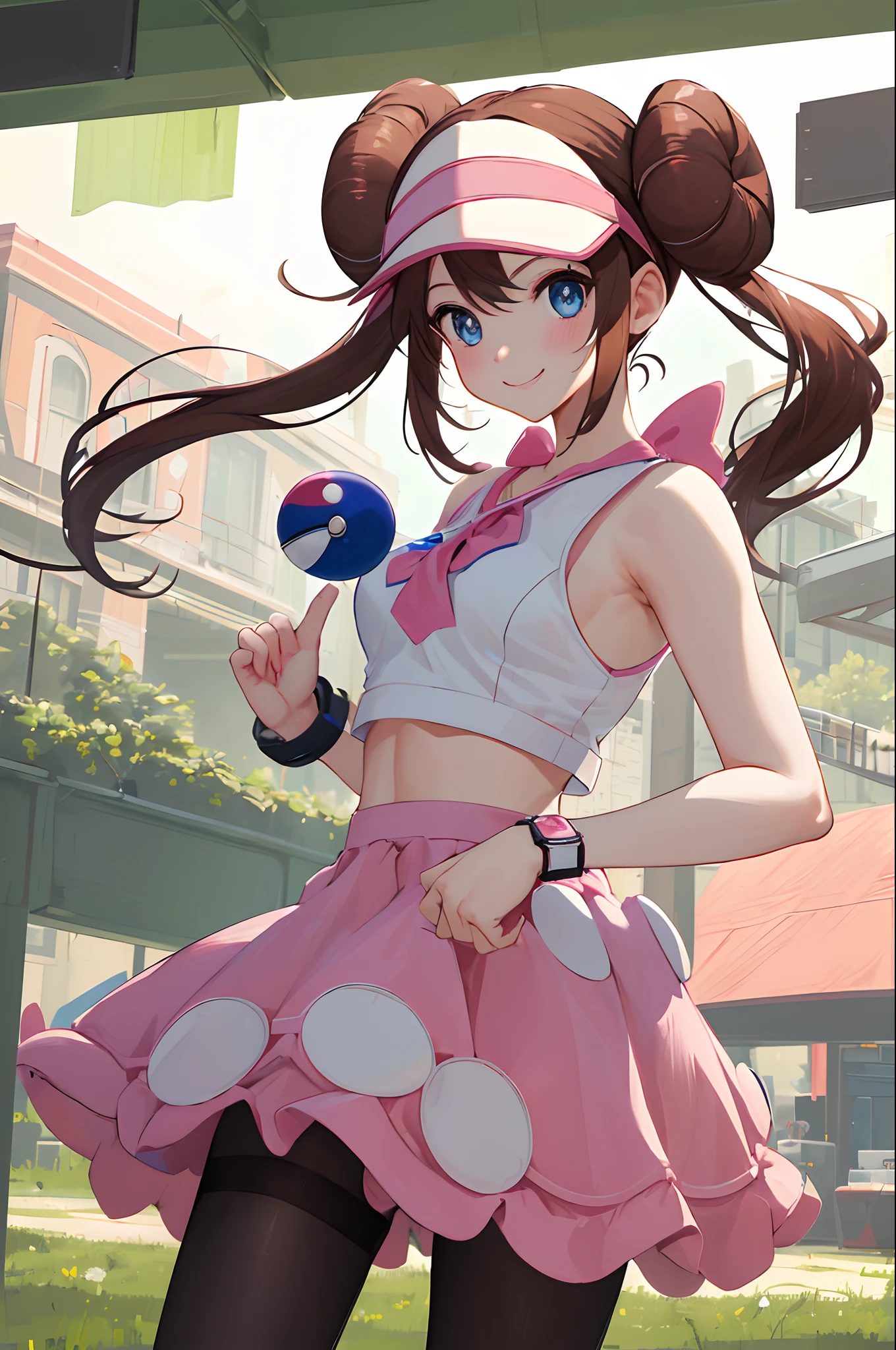 masterpiece, best quality, highres, ro1, hair bun, blue eyes, twintails, visor cap, pantyhose, pink panties, pink bra, pink bow, wristwatch, standing, cowboy shot, field, poke ball \(basic\), smile