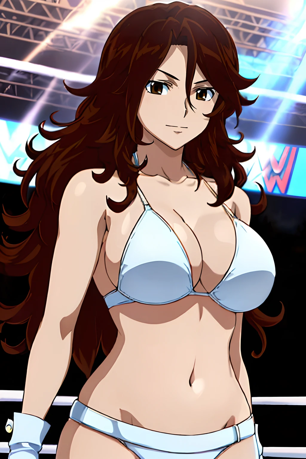 curvy belly, titration screen,, Elegant lady, (upper body only), anime style: 1.8, anime drawing, ultra detailed face, ultra detailed body, 4k, Sumergai Lee Noriega, (standing), best quality, anime style, hires, highest definition, digital blending, bold drawing lines, ((wwe diva), (location: wrestling arena, crowds watching), ( big shoulders, slim body, (wrestler body, thick arms, detailed biceps), , broad shoulders, closed fists, (very curvy: 2.8)), ((white bikini, only, white gloves, collar, (arm band, sleeves), (champion belt on bare belly))), loser, defeated, sad, (pale skin, big breasts, smile), (big eyes, brown eyes), (clapping), ( brown hair, loose hair, curly hair, wavy hair, long hair, missy hair, shiny hair), 27 years old,