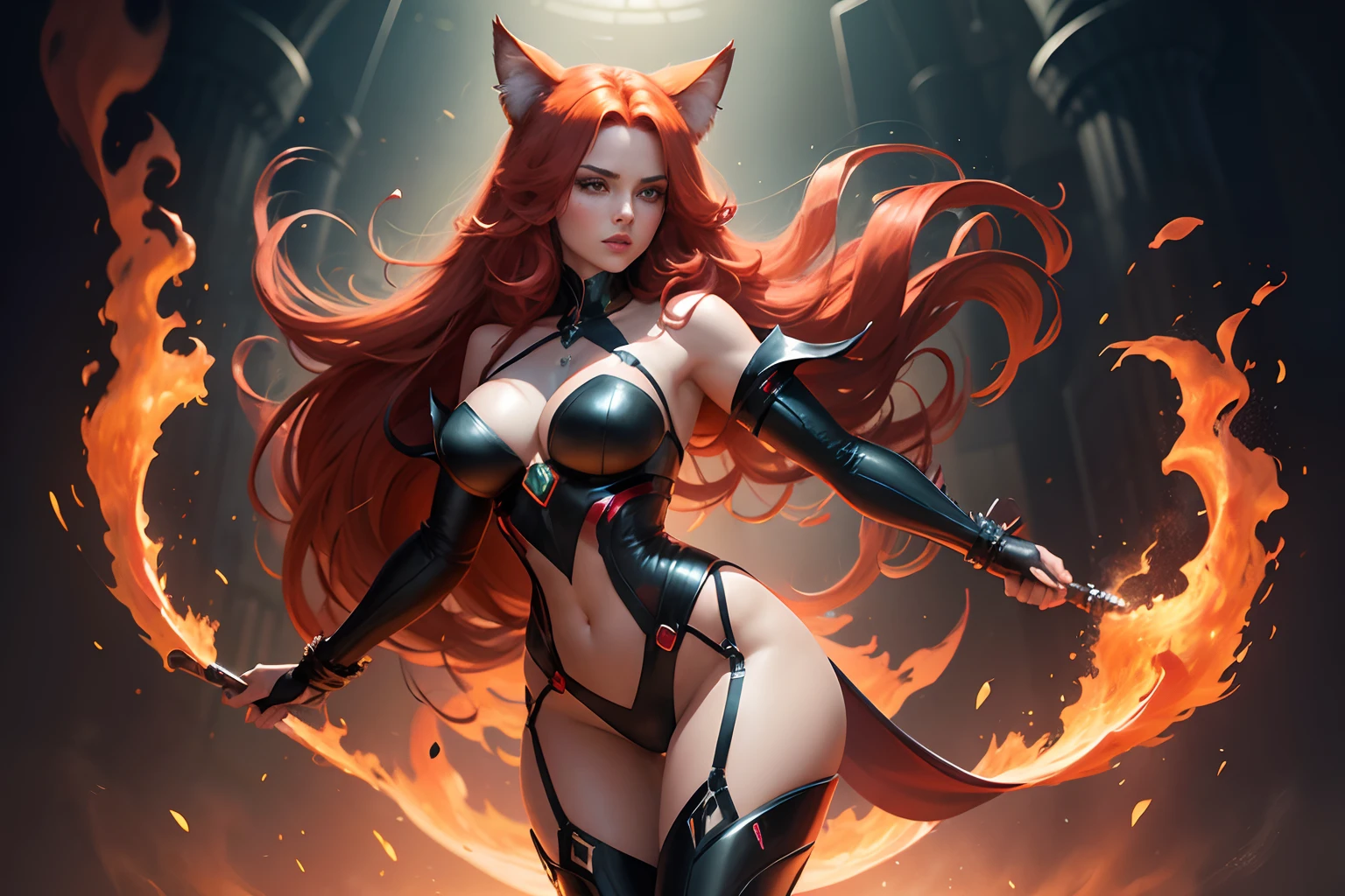 Create a high-resolution illustration of a captivating female character with long fire-red hair, matching fire-red cat ears, and intense deep green eyes. full body. she exudes a blend of elegance and mystique, seductive, and sexy. Add a dynamic touch with a fire-red electric aura surrounding her, as if she's charging up. Aim for exceptional level of detail in this masterpiece.