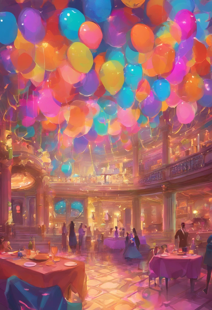 The venue is a party spot where she is celebrating her birthday. Globos, confete, And colorful decorations fill the air, Crie uma atmosfera festiva. The lighting is warm and beautiful, Traga um brilho suave para a cena, The colors are vivid。