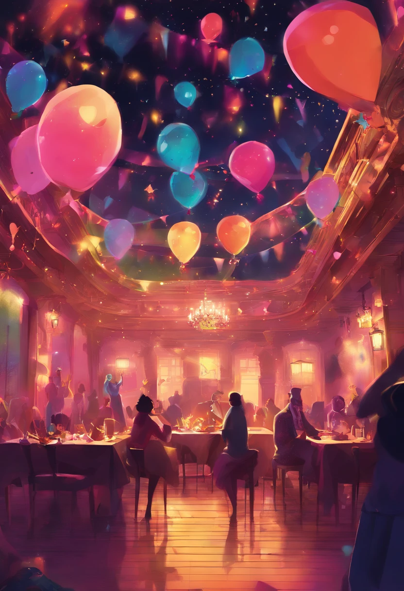 The venue is a party spot where she is celebrating her birthday. Globos, confete, And colorful decorations fill the air, Crie uma atmosfera festiva. The lighting is warm and beautiful, Traga um brilho suave para a cena, The colors are vivid。