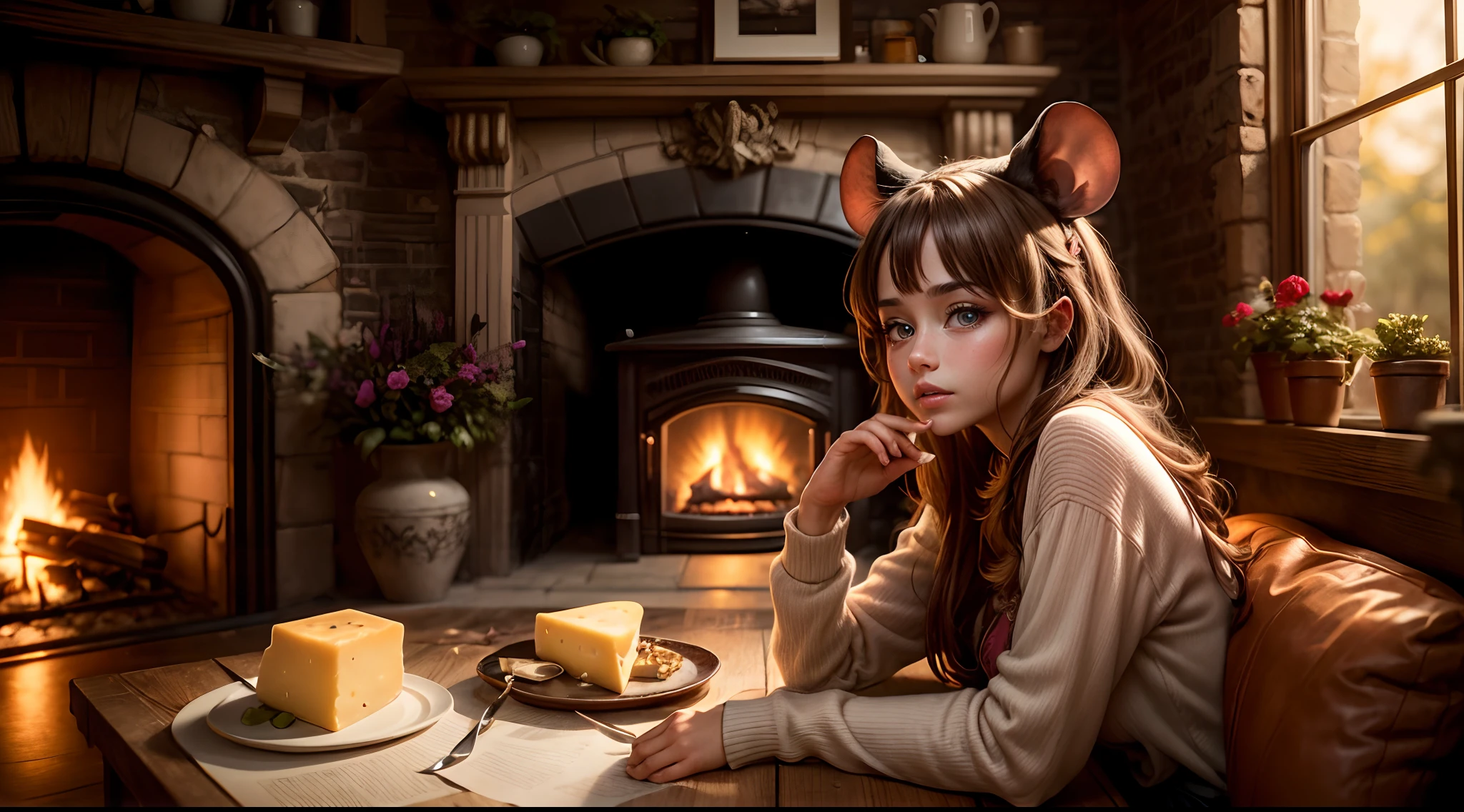 "Photograph capturing the enchanting scene of a girl wearing mouse ears, cozy by the fireplace, with cheese as her delightful companion. Golden hour-like lighting, heartwarming ambiance, captivating."