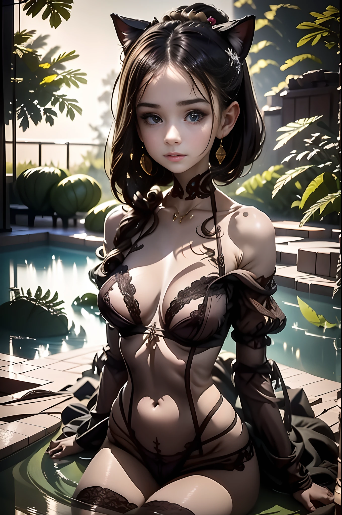 "Photograph capturing a girl and her robot cat in the bedroom, bathed in the ethereal light of the moon. Golden hour-like illumination, sci-fi ambiance, captivating."