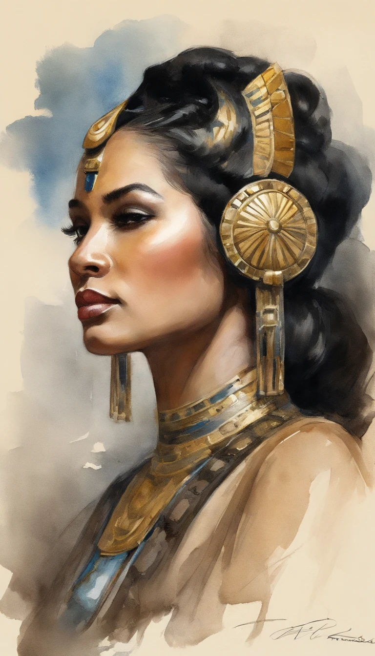 Produce a striking image that showcases an 18-year-old Indonesian woman, known for her precise facial features, a strong jawline, subtly pointed ears, and a chic short black hairstyle. The image should be taken from a dynamic angle, with a close-up on her neck while her profile is centrally framed in a wide high-angle view. Make sure to highlight her two pointed ears in the side view, and have her don a futuristic military uniform, creating a sci-fi atmosphere. To add a unique and fascinating dimension, incorporate elements inspired by the regal and ornate attire and accessories of an Egyptian pharaoh into her futuristic outfit, blending ancient Egyptian aesthetics with a sci-fi twist.