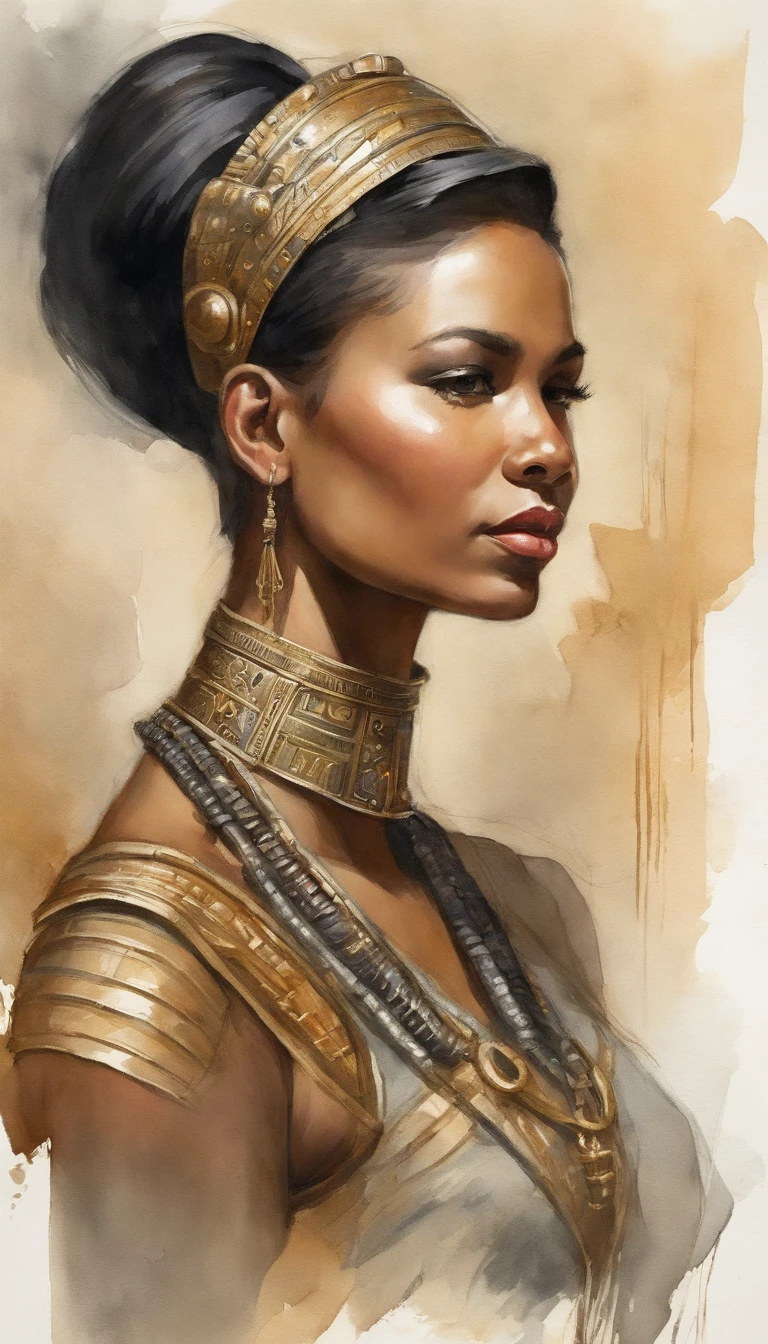 Produce a striking image that showcases an 18-year-old Indonesian woman, known for her precise facial features, a strong jawline, subtly pointed ears, and a chic short black hairstyle. The image should be taken from a dynamic angle, with a close-up on her neck while her profile is centrally framed in a wide high-angle view. Make sure to highlight her two pointed ears in the side view, and have her don a futuristic military uniform, creating a sci-fi atmosphere. To add a unique and fascinating dimension, incorporate elements inspired by the regal and ornate attire and accessories of an Egyptian pharaoh into her futuristic outfit, blending ancient Egyptian aesthetics with a sci-fi twist.