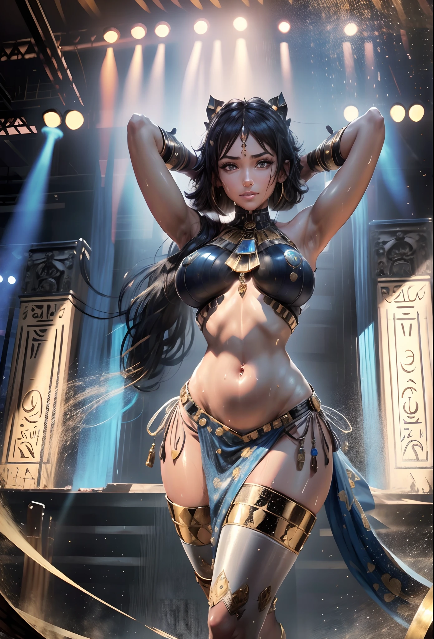 1 girl, Women, tanned skin, Pigmentation, Belly dance costume, Belly dance costume, Very Huge Big Chest, Egyptian Decor, Egyptians, Black Hair, Tie me up., long-haired, sharp face, Exquisite Face, Sharp navel, Sweaty Lot, Sweating profusely., Few pieces of clothing, Blue Eyes, sharp sweat;, HD, 4K, Stand on stage, Background contrast, Look at the audience., master-piece, Major contributions, sharp photo, attractive, Flawless., Sweaty Lot, (Unbeatable masterpiece:1.4), high-res, Sexy, ultra quality, Drenched body, Drenched breasts, Dreamy wet breast sweating, Expressing happy emotions, smirk, Put on a visor.,