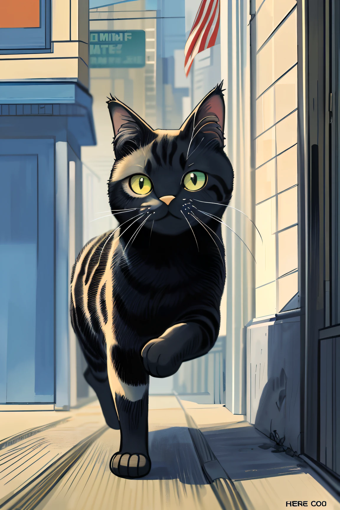 American comics, the comic story is presented in multiple irregular panels with color. The American Shorthair cat goes through hardships while running away from home and then reunites with its owner. The style is exaggerated and detailed