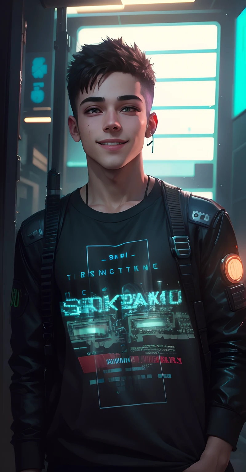 Change background cyberpunk cute boy, realistic face,8k,ultra realistic, smile face, realistic face