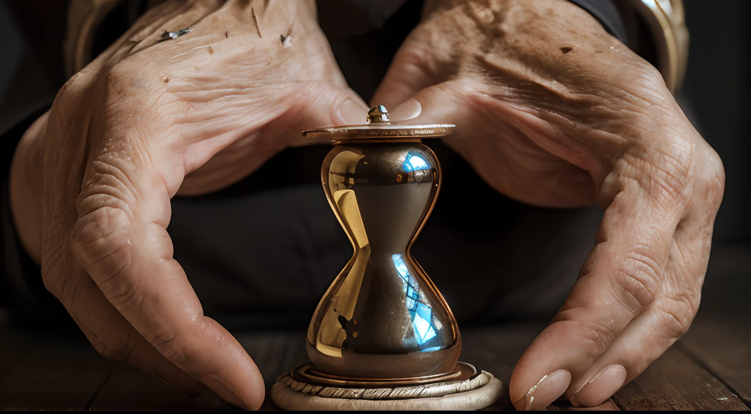 (best quality,highres:1.2,ultra-detailed,realistic:1.37),close-up of an elderly person's hands holding an hourglass, tattered and worn-out clothing with holes, elderly person's hands gripping an hourglass