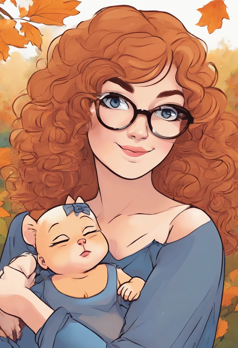 masterpiece, best quality, (((lesbian moms holding baby girl))), serene family portrait, ((mom 1: pale, long wavy brown hair, blue eyes, gothic cottage-core, cat-eye glasses, graceful soft face)), ((mom 2: dark skin, large curly orange hair, brown eyes, beautiful and gorgeous, femme, glasses)), (baby girl: caramel skin, curly hair, beautiful perfect face) [background: cozy cottage in the woods, autumn trees, pretty slight overcast sky, sun shimmering through the clouds]