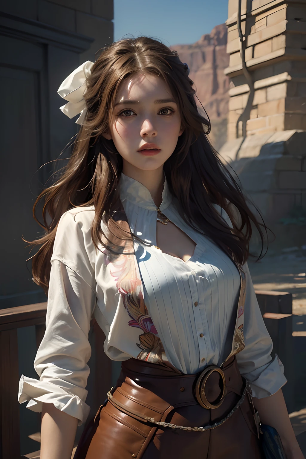 Hyperrealist portrait of female by david hockney and alphonse mucha,fantasy art, photo realistic, dynamic lighting, artstation, poster, volumetric lighting, very detailed faces, 4 k, award winning,, 1girl, in the Mountain, deep shadow, low key,cowboy shot, (official clothing:1.4) ,long hair,brown hair,