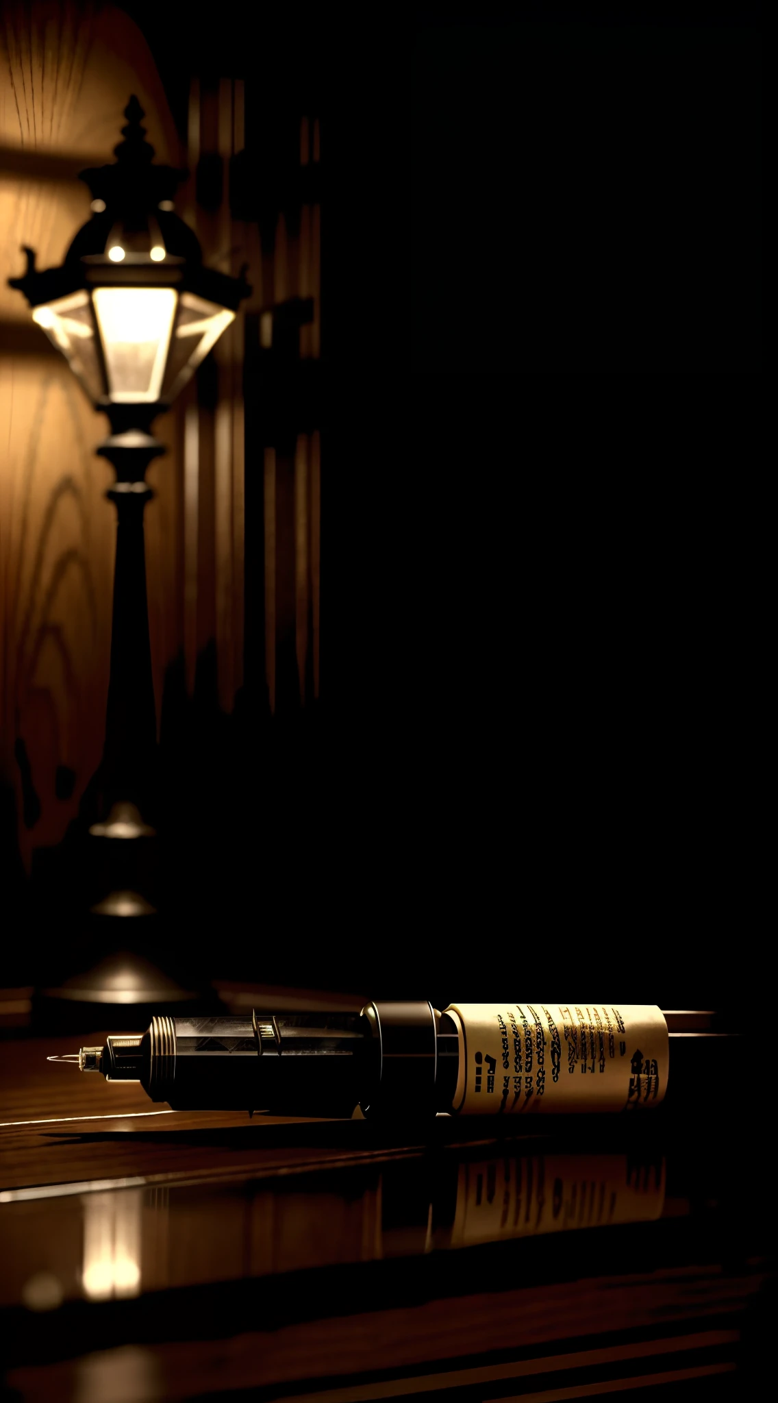 A photograph photorealistic realism, vaccine injection needle needle on a shelf in dark mansion item resident evil