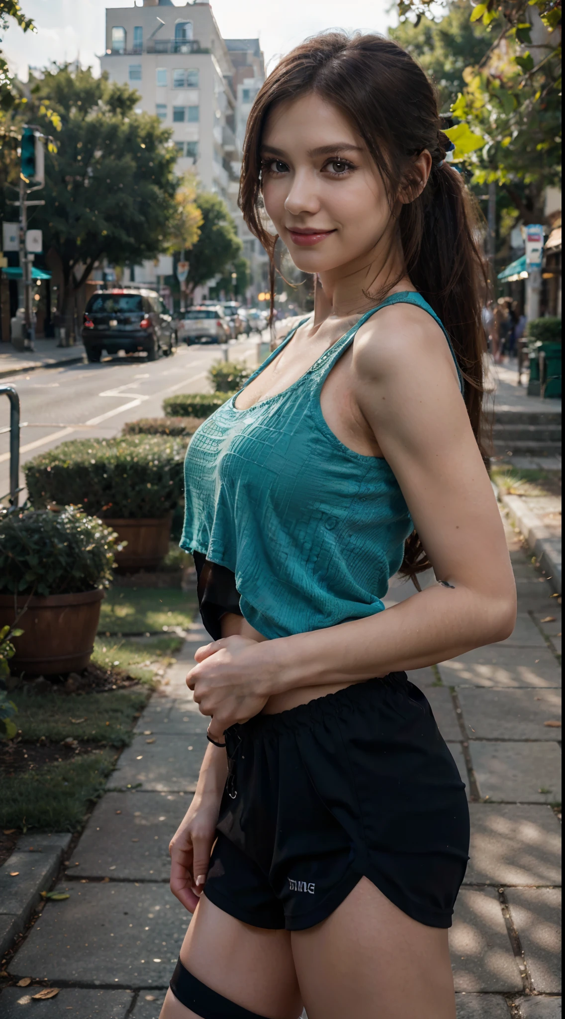 beautifull 22 years old. jogging run in town park., brown hair, long hair, ponytail, wavy hair, aqua eyes, makeup, light smile, evil smile, shy, depth of field, cinematic lighting, cowboy shot, from below, bokeh, Eye-Level Shot, f/1.2, 135mm, Sony FE GM, 16k, highres, best quality, high quality, high details, super detail, textured skin, anatomically correct, ccurate, masterpiece, UHD