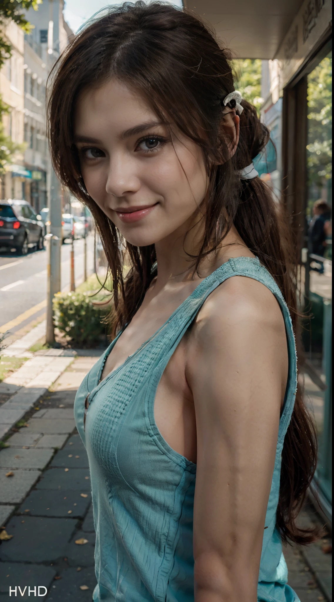 beautifull 22 years old. jogging run in town park., brown hair, long hair, ponytail, wavy hair, aqua eyes, makeup, light smile, evil smile, shy, depth of field, cinematic lighting, cowboy shot, from below, bokeh, Eye-Level Shot, f/1.2, 135mm, Sony FE GM, 16k, highres, best quality, high quality, high details, super detail, textured skin, anatomically correct, ccurate, masterpiece, UHD