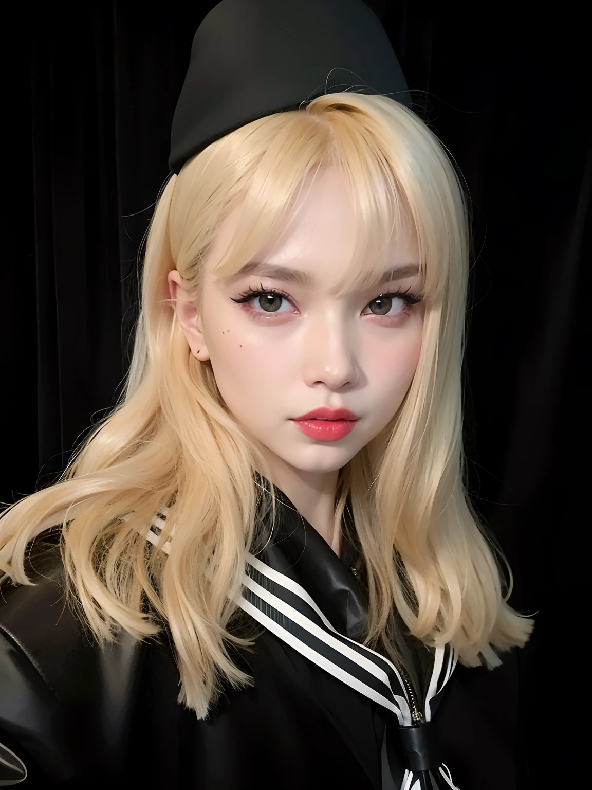 Blonde woman with a black hat and red lips posing for a photo, Lalisa Manobal, Lalisa Manoban do Blackpink, Retrato de Jossi de Blackpink, Retrato de Kim Petras, Parque Roseanne do Blackpink, Dom Yunjoo, foto de perfil headshot, com franja, jossi do blackpink, com franja completa, Shikami