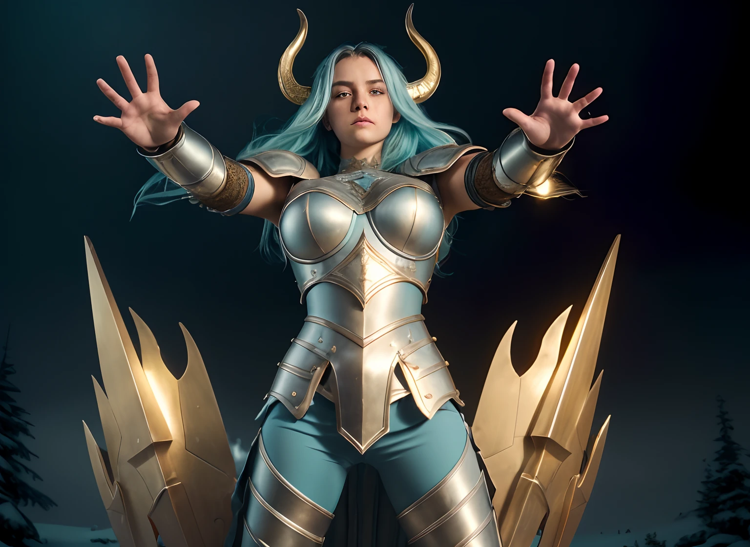 realistic), (cinematic shot), slightly low view. upper body of an beautiful young girl knight, 1girl, woman, in medieval armor, (detailed face), ((pretty big turquoise eyes)), with very long hair, (light blue hair), (long hair), ((messy hair)), ((bands)) blowing hair, (big breasts), near a snow castle at winter, golden armor, golden horns on helmet, (full body armor), ((bright intricate armor)), (light blue legging), (detailed armor, high quality), (ornate armor), (hdr), (noble), inspiring, film, cinematic lighting. ((light blue pants)). ((delicate face)). Full body-armor. Enlongated armor skirt protection. The most beautiful warrior. Ultrarealistic landscape.