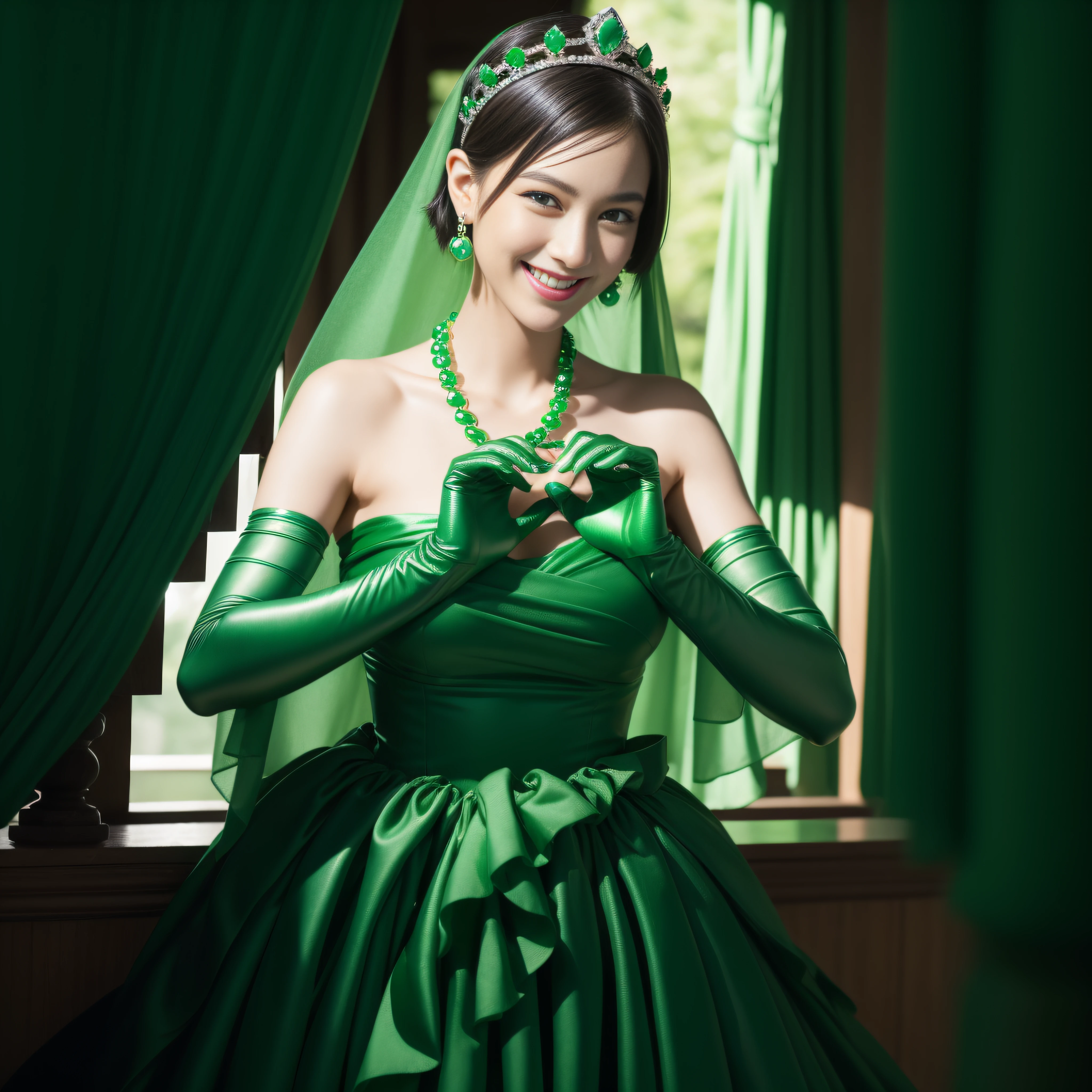emerald tiara, Green Pearl Necklace, Boyish very short green hair, lipsticks, Japan woman smiling, very short short hair, big breasts beautiful, Green eyes, Long green gloves made of satin material, Green eyes, Emerald Earrings, green vale, Heart with both hands