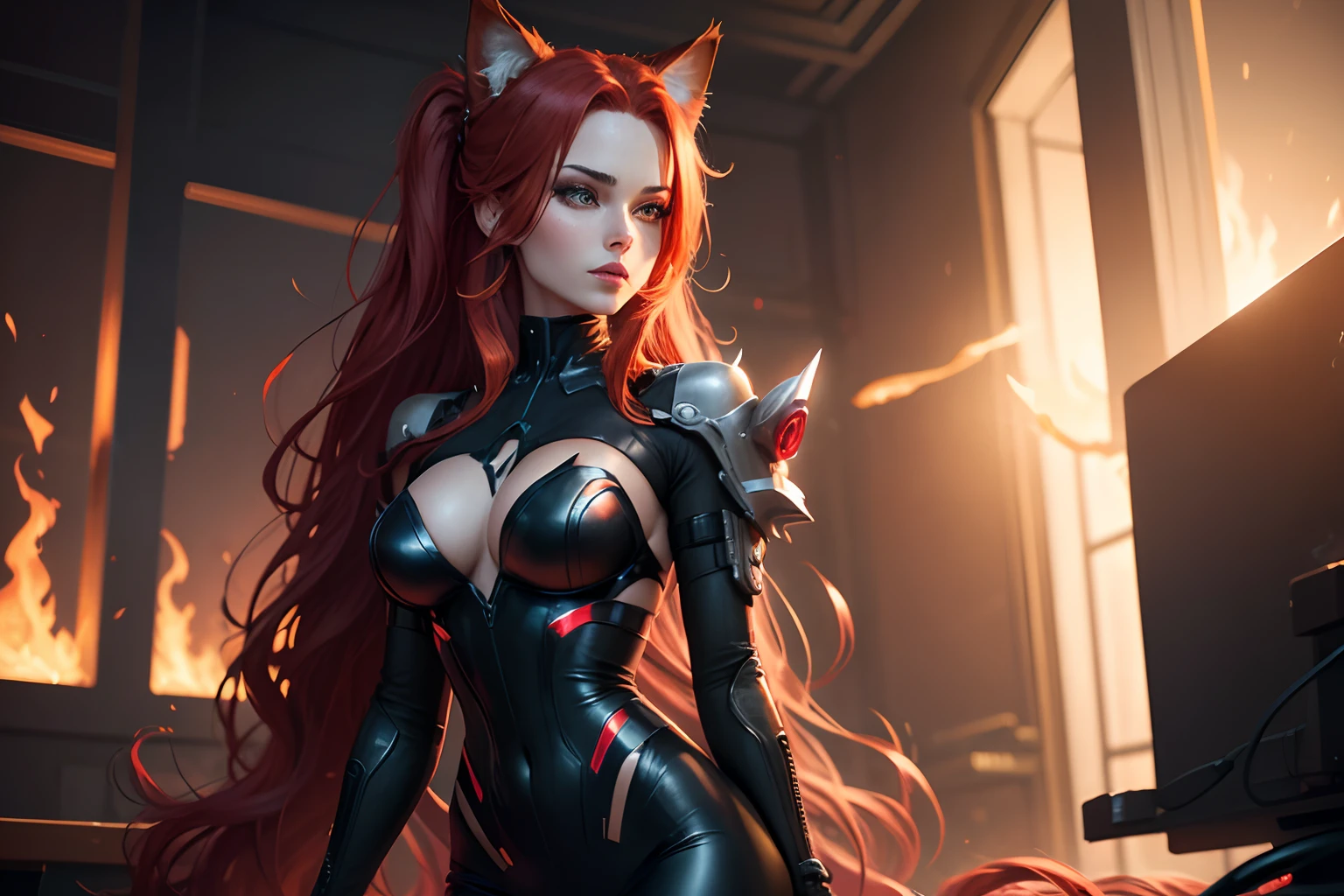 Create a high-resolution illustration of a captivating female character with long fire-red hair, matching fire-red cat ears, and intense deep green eyes. full body. she exudes a blend of elegance and mystique, seductive, and sexy. cyberpunk theme. Add a dynamic touch with a fire-red electric aura surrounding her, as if she's charging up. Aim for exceptional level of detail in this masterpiece.