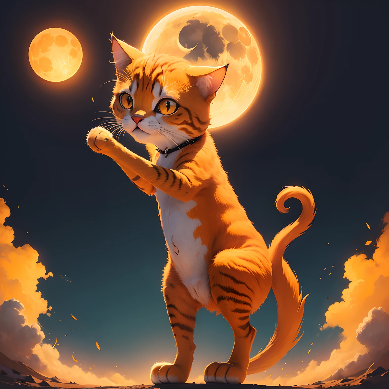 yeloow orange super cat standing on two legs holding a moon and sun in handa
