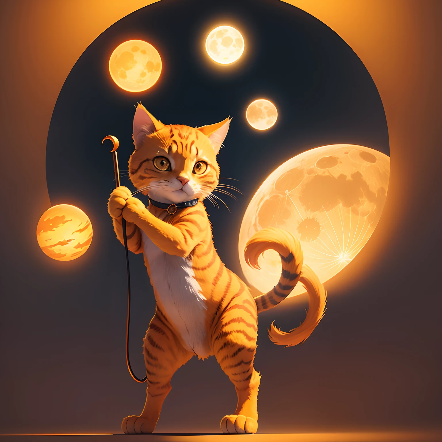 yeloow orange super cat standing on two legs holding a moon and sun in handa