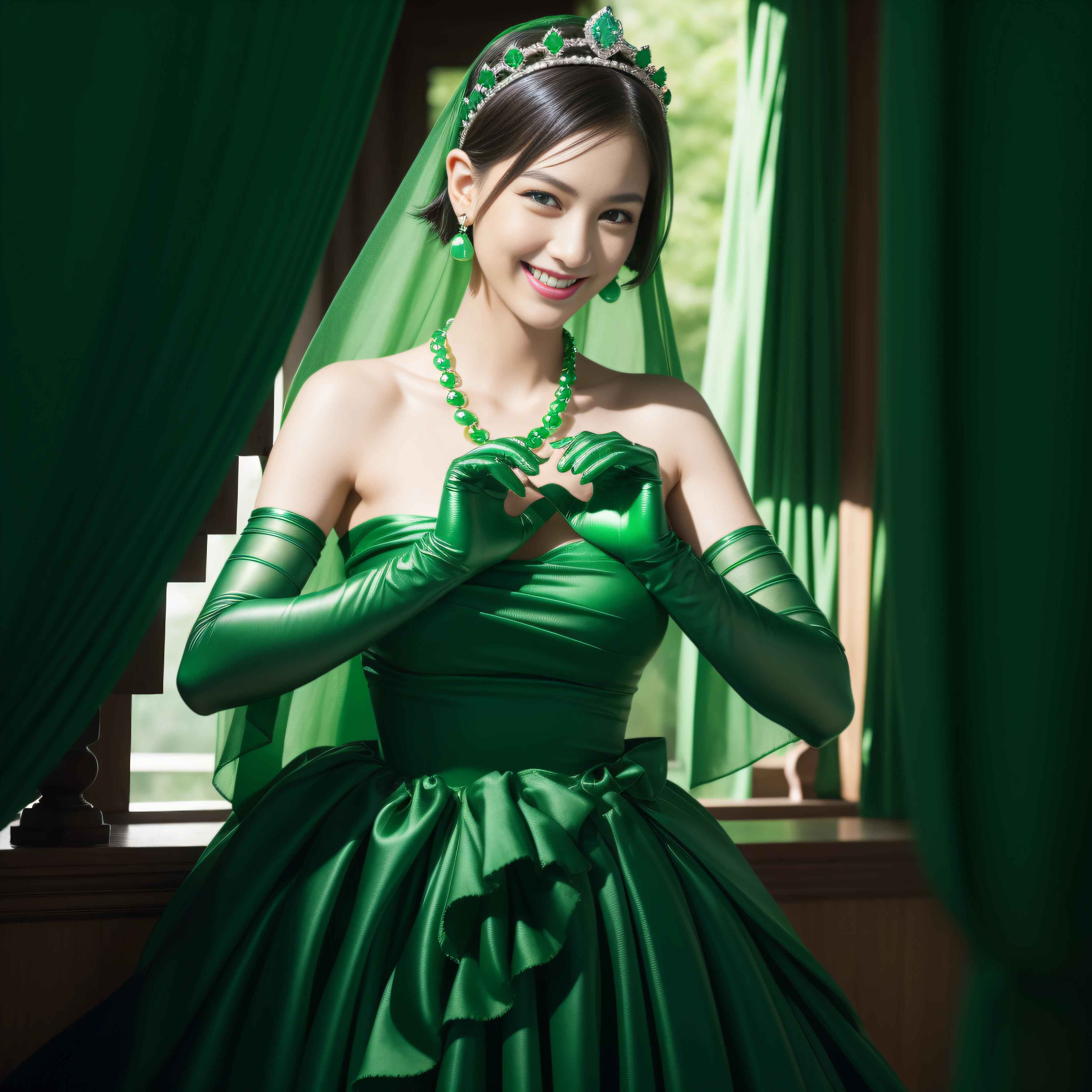 emerald tiara, Green Pearl Necklace, Boyish very short green hair, lipsticks, Japan woman smiling, very short short hair,  big breasts beautiful, Green eyes, Long green gloves made of satin material, Green eyes, Emerald Earrings, green vale, Heart with both hands