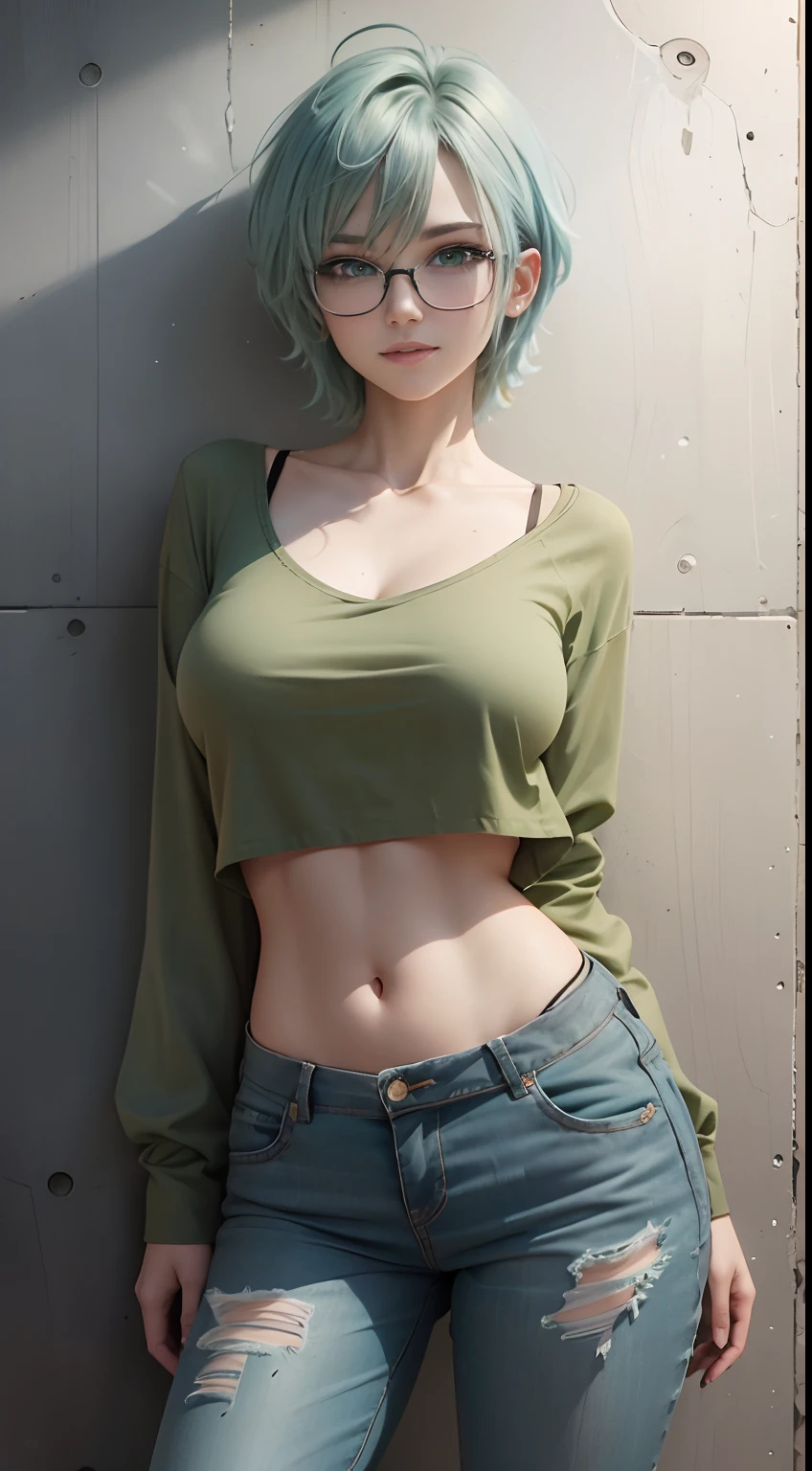 Masterpiece, best quality, 1girl, solo, 23 years old, adult, teal and green hair, messy hair, asymmetrical hair, ahoge, very short hair, aqua eyes, medium breasts, toned, 167cm, pale skin, glasses, grin, olive green shirt, jeans, midriff peek,