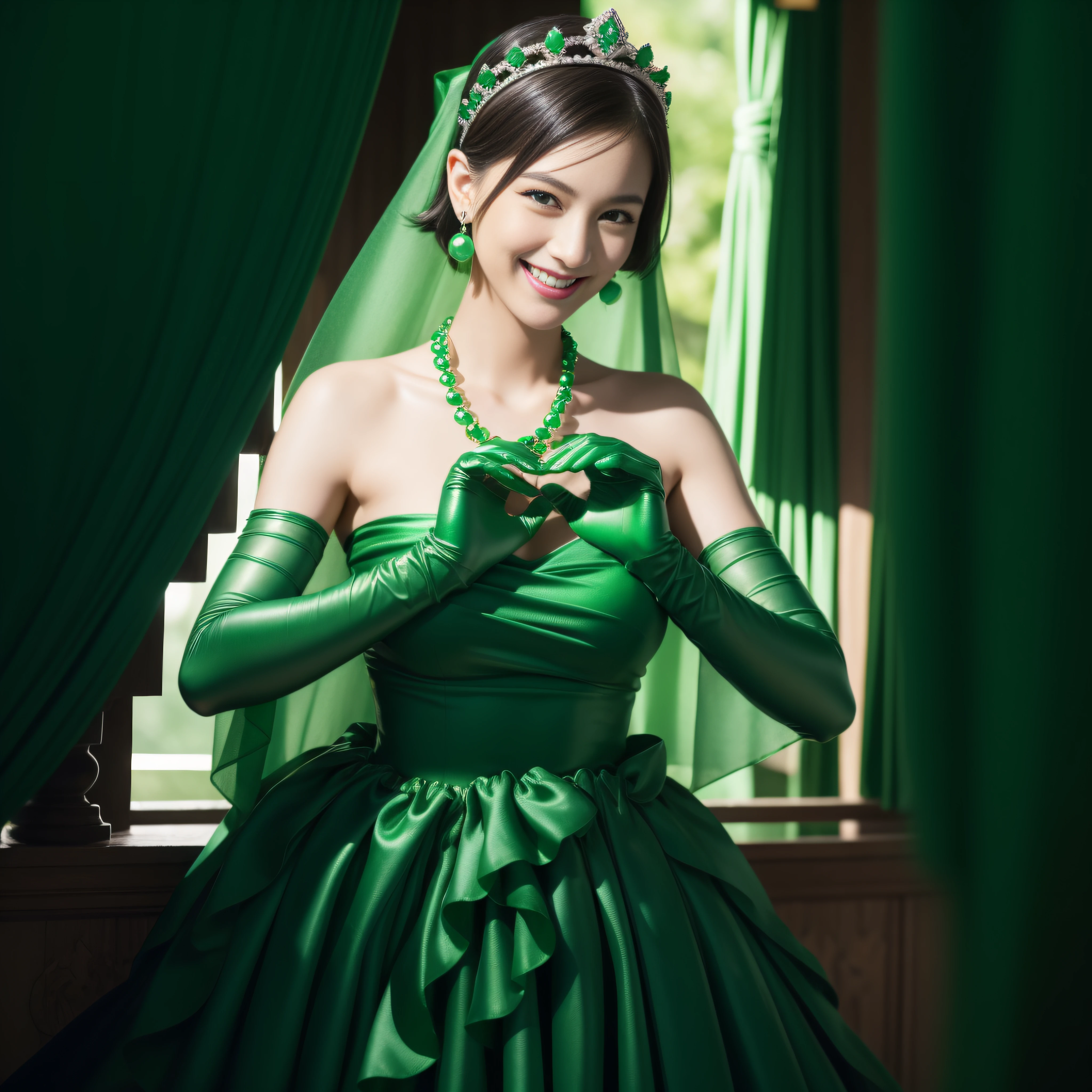 emerald tiara, Green Pearl Necklace, Boyish very short green hair, lipsticks, Japan woman smiling, very short short hair, big breasts beautiful, Green eyes, Long green gloves made of satin material, Green eyes, Emerald Earrings, green vale, Heart with both hands