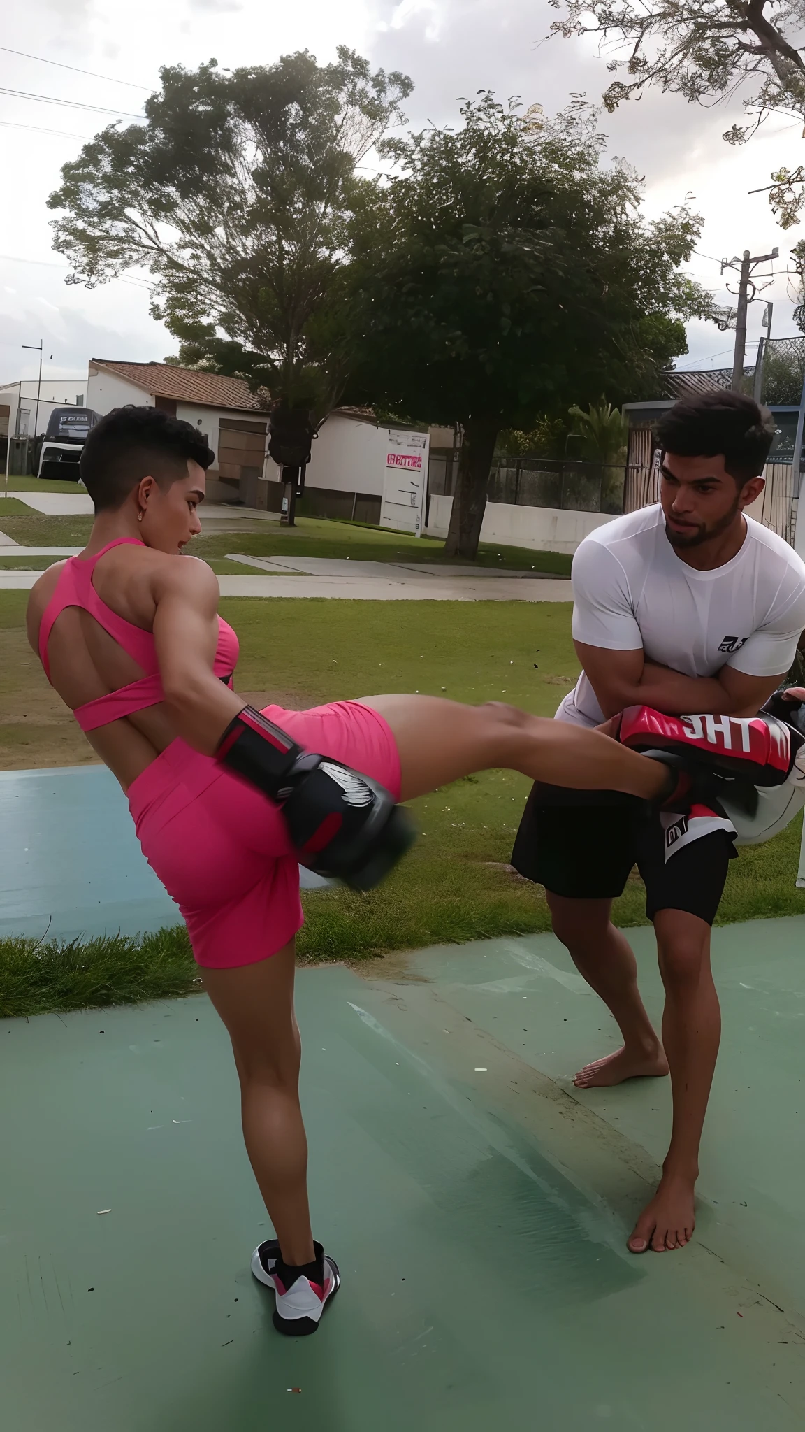 There is a man and a woman doing a Kickboxing exercise, Kickboxing, chute alto, encaixar, posando para uma luta intrincada, lutar, Lutando, postura de luta, Directed by: Juan Carlos Stekelman, Directed by: Felipe Seade, Sparring, Pose de luta, by Amelia Peláez, MMA, training, posando para uma luta, Dando um chute, Pose de postura heroica de Muay Thai