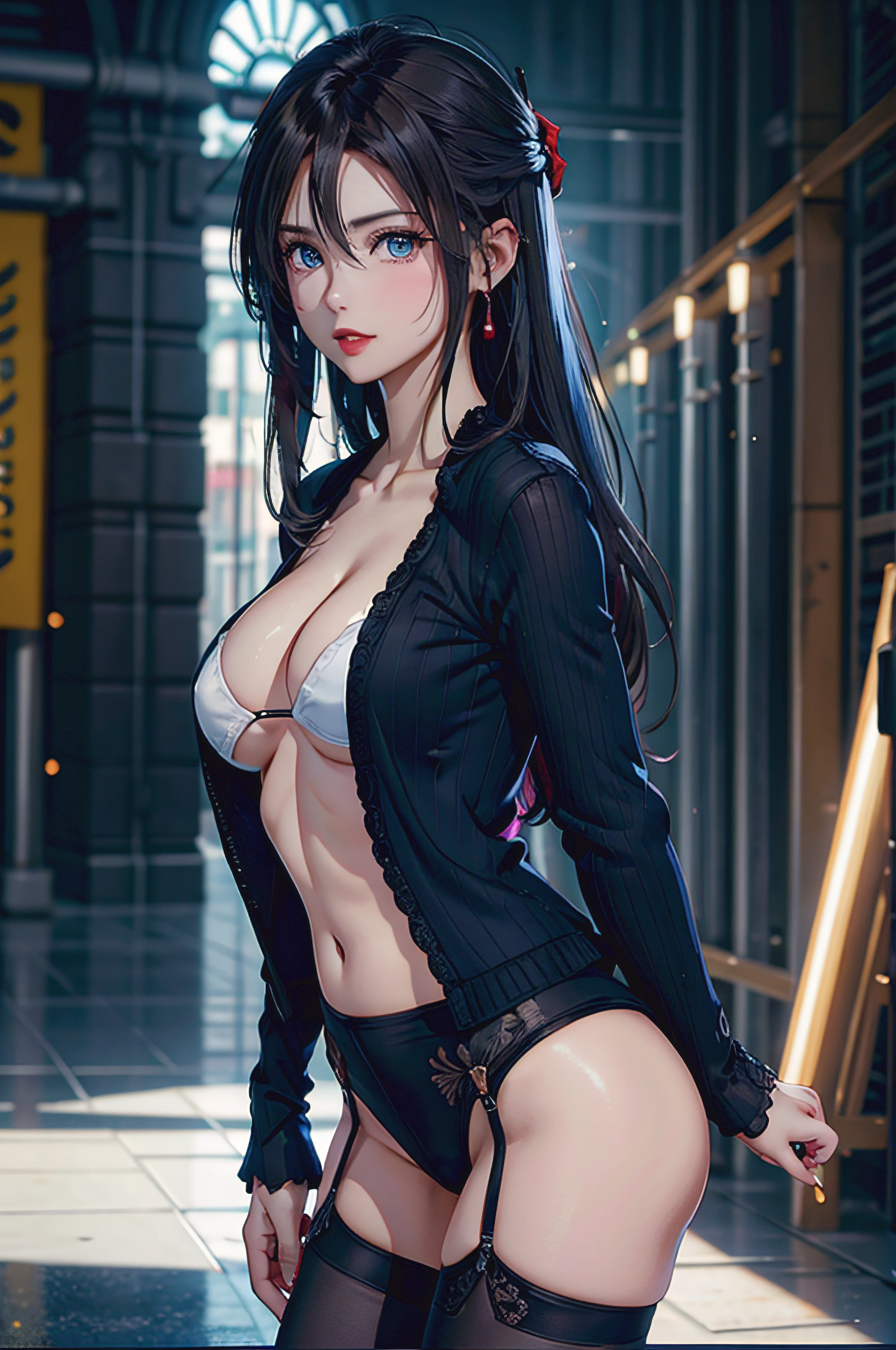Make a beautiful woman with big breasts, dark blonde hair and blue eyes doing a fight pose with a black, red and white colam, copo perfeito, simetria perfeita, obra de arte, obra prima, contraste e brilho perfeito, poster de cinema, atraente ao publico, 24k, ultra hd, imagem cheia de vida, cores vivas, estilo cinema,1Feminino,35 anos,prumo,Seio extremamente grande, solo,(Antecedentes com:Huge machines,droid,aerodrome,Planes,Huge mechanical armor,) Ela tem cabelos pretos muito curtos,Bobo's Head,Stand on the plane,,visto de frente, cabelos lisos, mostly cloudy sky,(((tmasterpiece),(Muito detalhado CG unidade 8k papel de parede),melhor qualidade,cinmatic lighting,fundo detalhado,belos olhos detalhados,pupilas brilhantes,olhos azuis,Pele branca de neve,red lip(Muito fino e bonito),(Beautiful and detailed eye description),Ultra - Detalhado,tmasterpiece,))Facing the camera squarely,A high resolution,Ultra - Detalhado),revelando seios,Genitalia only, bojo,legs are open,Criado sexy,dedos de camelo,tez corada,Desire for dissatisfaction,Fachada,(Usando:jaqueta de blazer,fraque,Blusa de cor branca,uma gravata borboleta preta,Black pantyhose,bare breasts)
