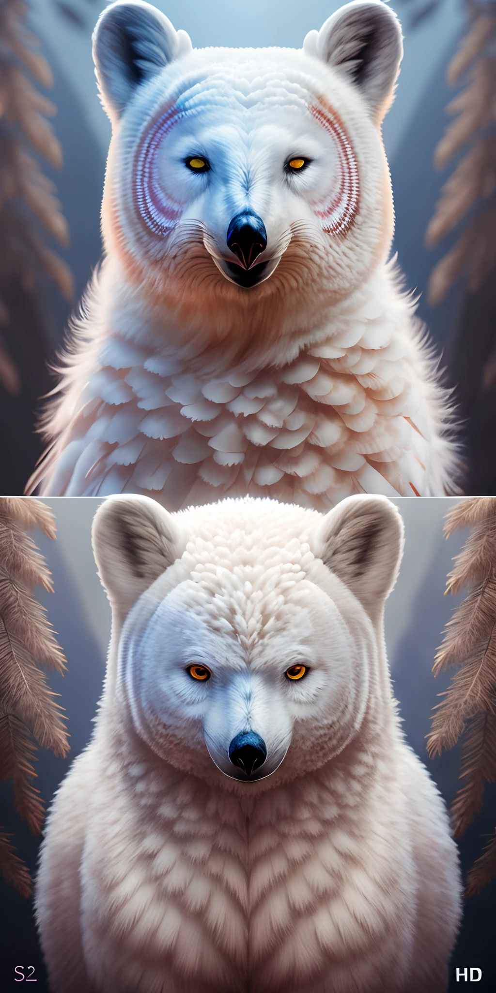 Successful result of a hybrid animal created from two species of white owl and polar bear, full HD, 3D, 4K, ultra realistic, ultra detailed, hyper realism, hyper perfectionist, ultra magnificent, highly extraordinary, rigidly sensational, ultra sublime, hyper exquisite, ultra In-depth, hyper-accurate, highly accurate, very thorough, extremely particularized, rich in uniqueness, hyper-pragmatic, abundant in common sense --auto --s2