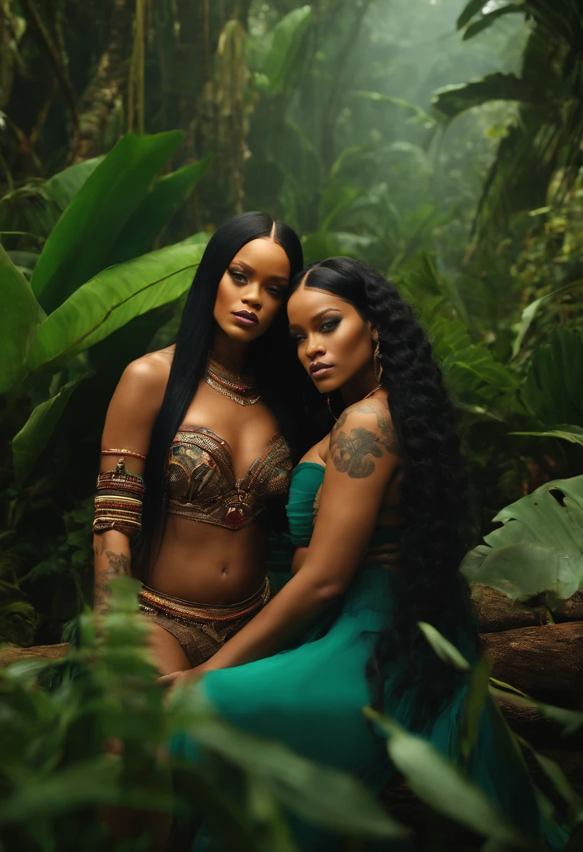 An indigenous woman, com dreads, rosto fino, pele negra, mecha do cabelo no rosto, maquiagem escura nos olhos, olhos fundos, brincos pena na orelha, roupa com pano marrom e verde, curandeira, fundo verde, floresta. Olhar de raiva, colar com detalhes dourados, golden accessories