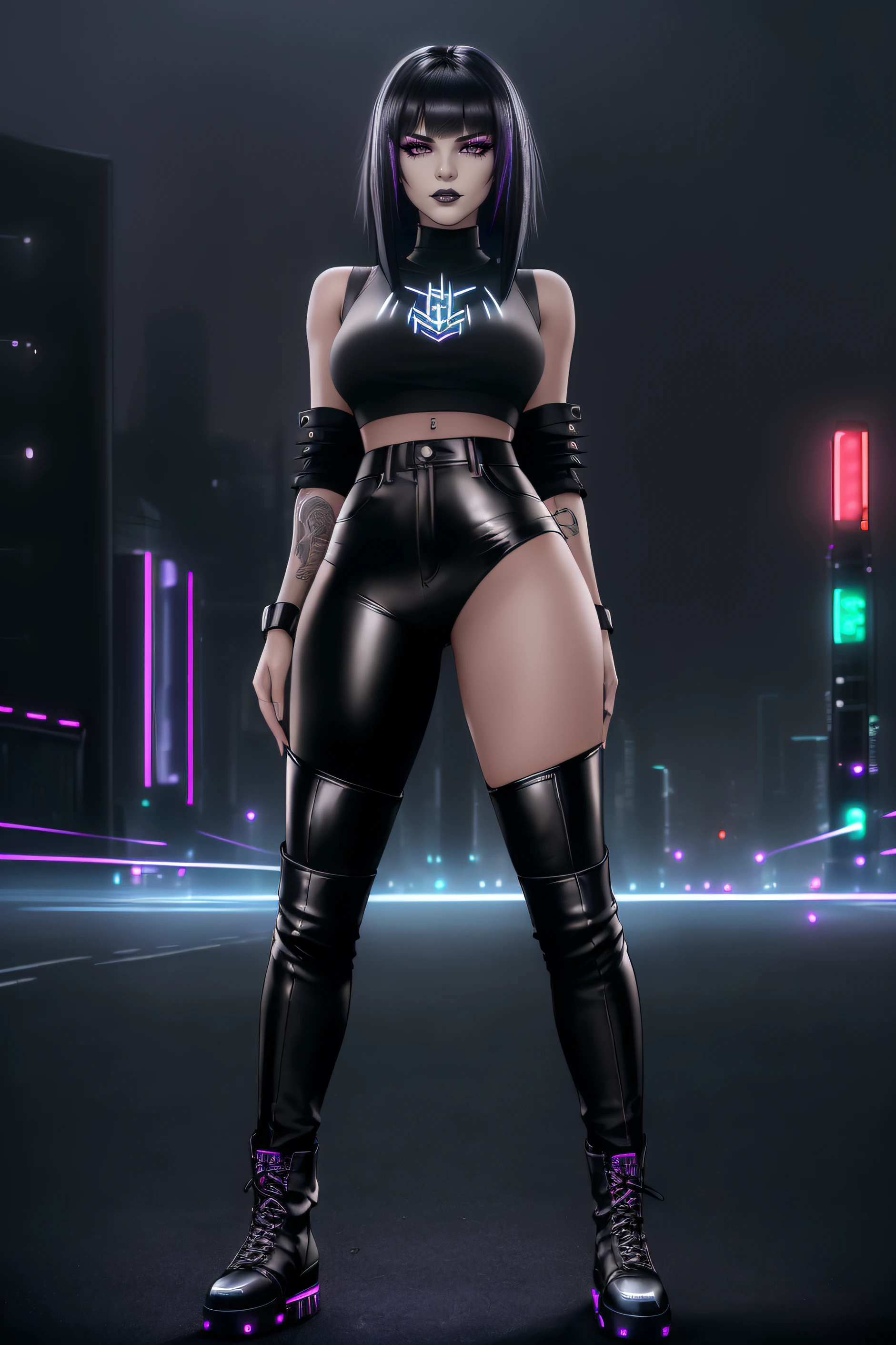 beautiful girl, ((standing:1.4)), (confident gaze:1.1), full body, short bright neon streaked black hair, ((seductive pose:1.2)), black eyeshadow, (street style wear:1.2), ((tight fitted pants)), ((knee high leather boots)), (dark city night black background:1.4), dark makeup, digital art, trending on artstation, highly detailed, fine detail, intricate, detailed facial features, sharp focus, smooth, aesthetic,