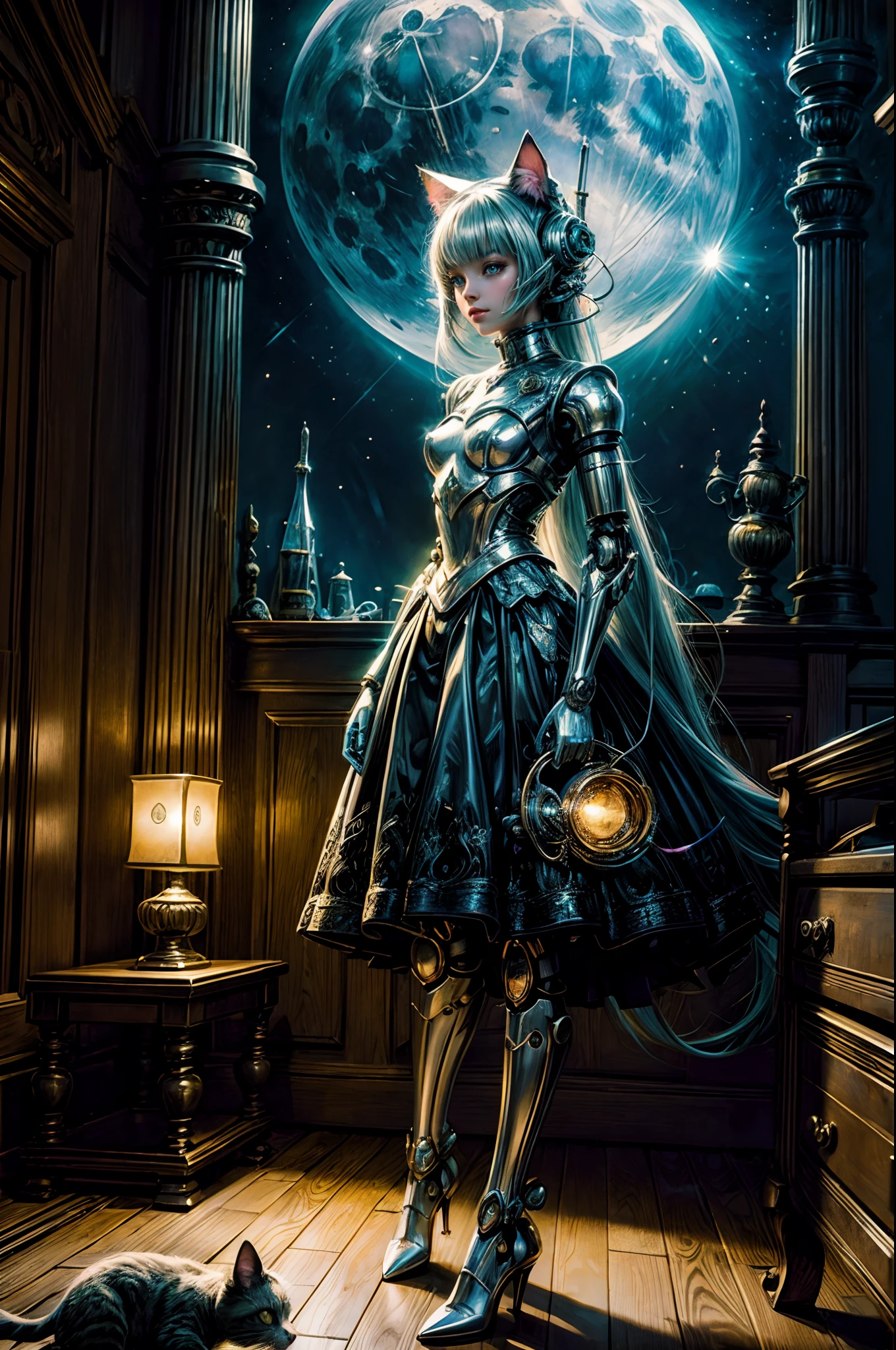 "A whimsical painting depicting the girl, her robot cat, and the moonlight casting a magical ambiance in the bedroom. Fantasy, vibrant colors, imaginative, whimsical."