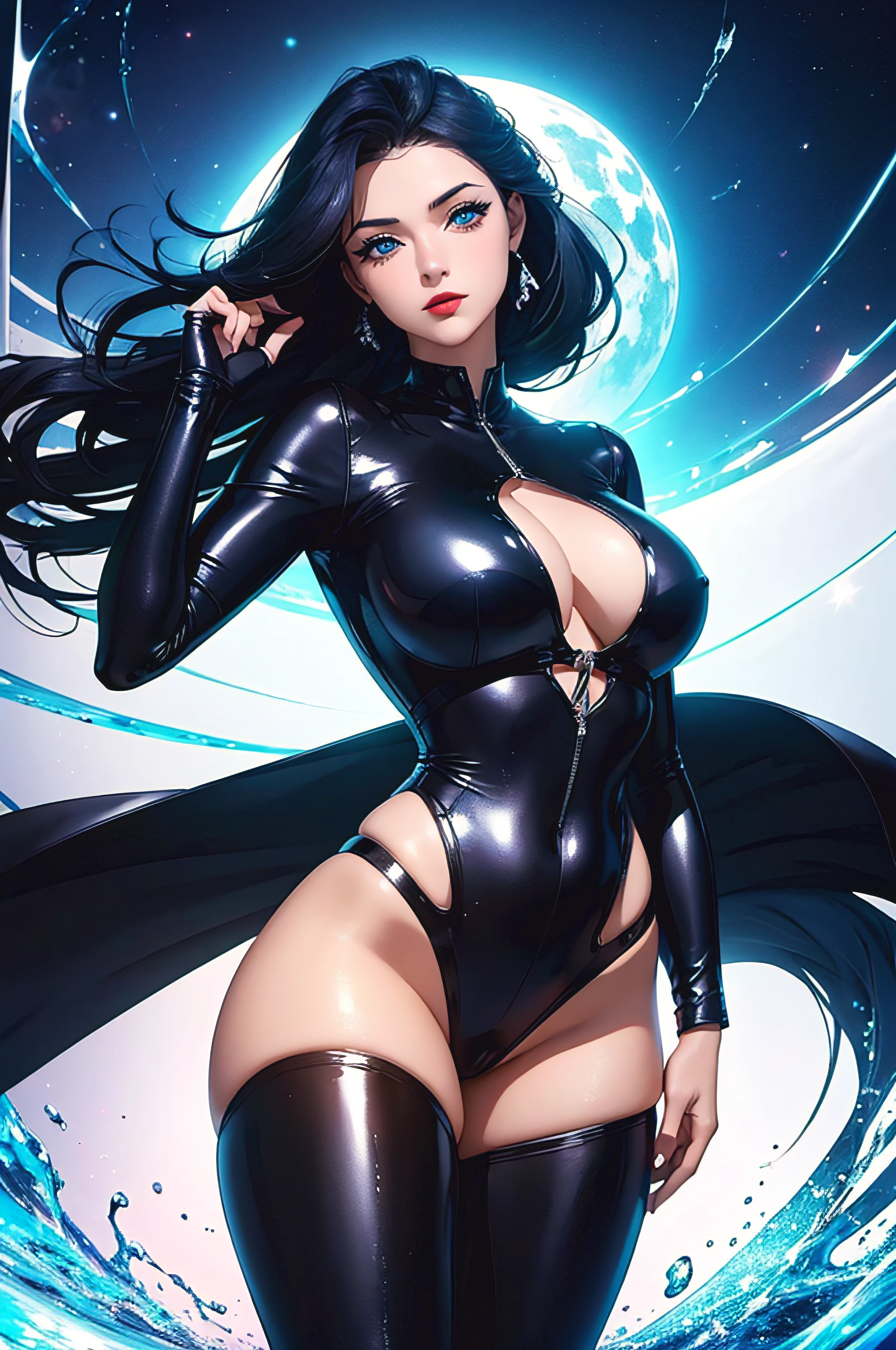 Make a beautiful woman with big breasts, dark blonde hair and blue eyes doing a fight pose with a black, red and white colam, copo perfeito, simetria perfeita, obra de arte, obra prima, contraste e brilho perfeito, poster de cinema, atraente ao publico, 24k, ultra hd, imagem cheia de vida, cores vivas, estilo cinema,1Feminino,35 anos,prumo,Seio extremamente grande, solo,(Antecedentes com:Huge machines,droid,aerodrome,Planes,Huge mechanical armor,) Ela tem cabelos pretos muito curtos,Bobo's Head,Stand on the plane,,visto de frente, cabelos lisos, mostly cloudy sky,(((tmasterpiece),(Muito detalhado CG unidade 8k papel de parede),melhor qualidade,cinmatic lighting,fundo detalhado,belos olhos detalhados,pupilas brilhantes,olhos azuis,Pele branca de neve,red lip(Muito fino e bonito),(Beautiful and detailed eye description),Ultra - Detalhado,tmasterpiece,))Facing the camera squarely,A high resolution,Ultra - Detalhado),revelando seios,Genitalia only, bojo,legs are open,Criado sexy,dedos de camelo,tez corada,Desire for dissatisfaction,Fachada,(Usando:jaqueta de blazer,fraque,Blusa de cor branca,uma gravata borboleta preta,Black pantyhose,bare breasts)