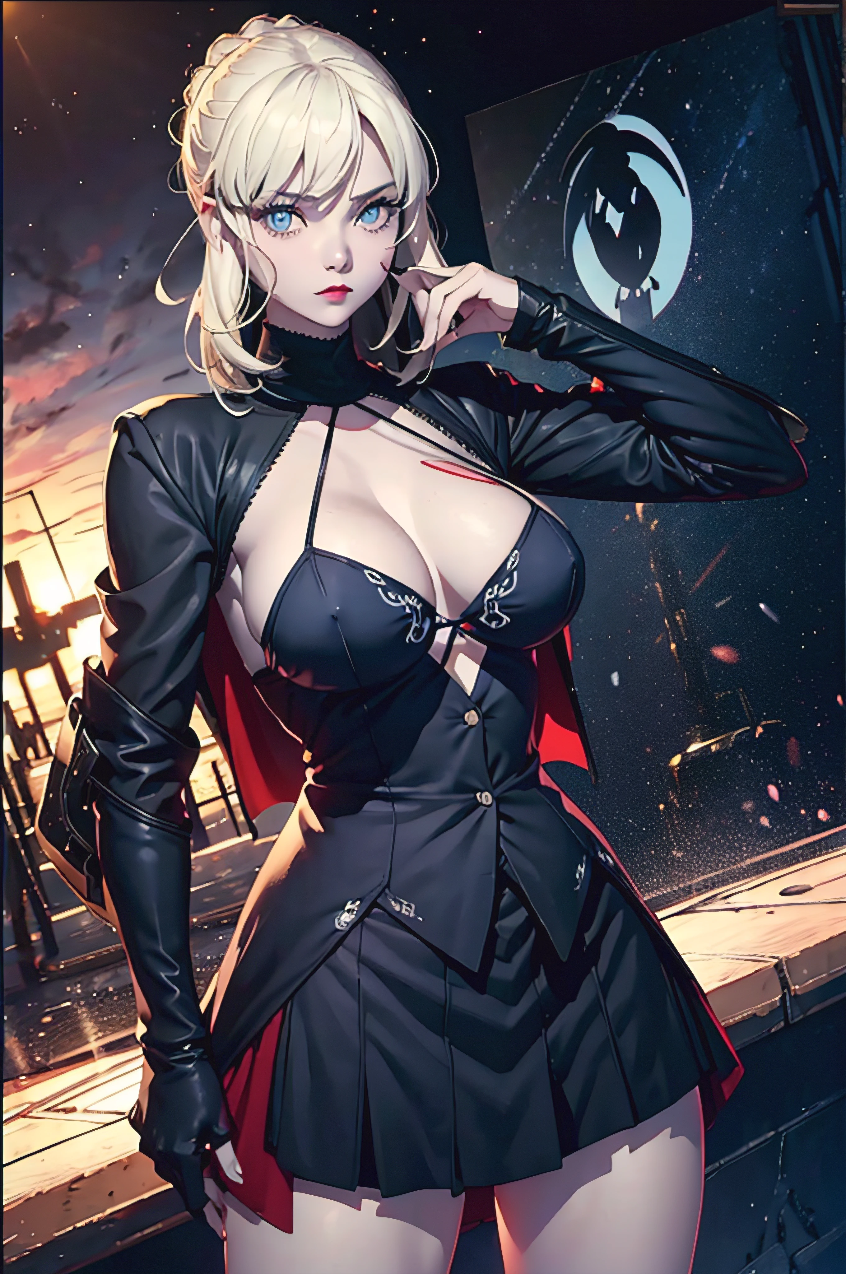 Make a beautiful woman with big breasts, dark blonde hair and blue eyes doing a fight pose with a black, red and white colam, copo perfeito, simetria perfeita, obra de arte, obra prima, contraste e brilho perfeito, poster de cinema, atraente ao publico, 24k, ultra hd, imagem cheia de vida, cores vivas, estilo cinema,1Feminino,35 anos,prumo,Seio extremamente grande, solo,(Antecedentes com:Huge machines,droid,aerodrome,Planes,Huge mechanical armor,) Ela tem cabelos pretos muito curtos,Bobo's Head,Stand on the plane,,visto de frente, cabelos lisos, mostly cloudy sky,(((tmasterpiece),(Muito detalhado CG unidade 8k papel de parede),melhor qualidade,cinmatic lighting,fundo detalhado,belos olhos detalhados,pupilas brilhantes,olhos azuis,Pele branca de neve,red lip(Muito fino e bonito),(Beautiful and detailed eye description),Ultra - Detalhado,tmasterpiece,))Facing the camera squarely,A high resolution,Ultra - Detalhado),revelando seios,Genitalia only, bojo,legs are open,Criado sexy,dedos de camelo,tez corada,Desire for dissatisfaction,Fachada,(Usando:jaqueta de blazer,fraque,Blusa de cor branca,uma gravata borboleta preta,Black pantyhose,bare breasts)