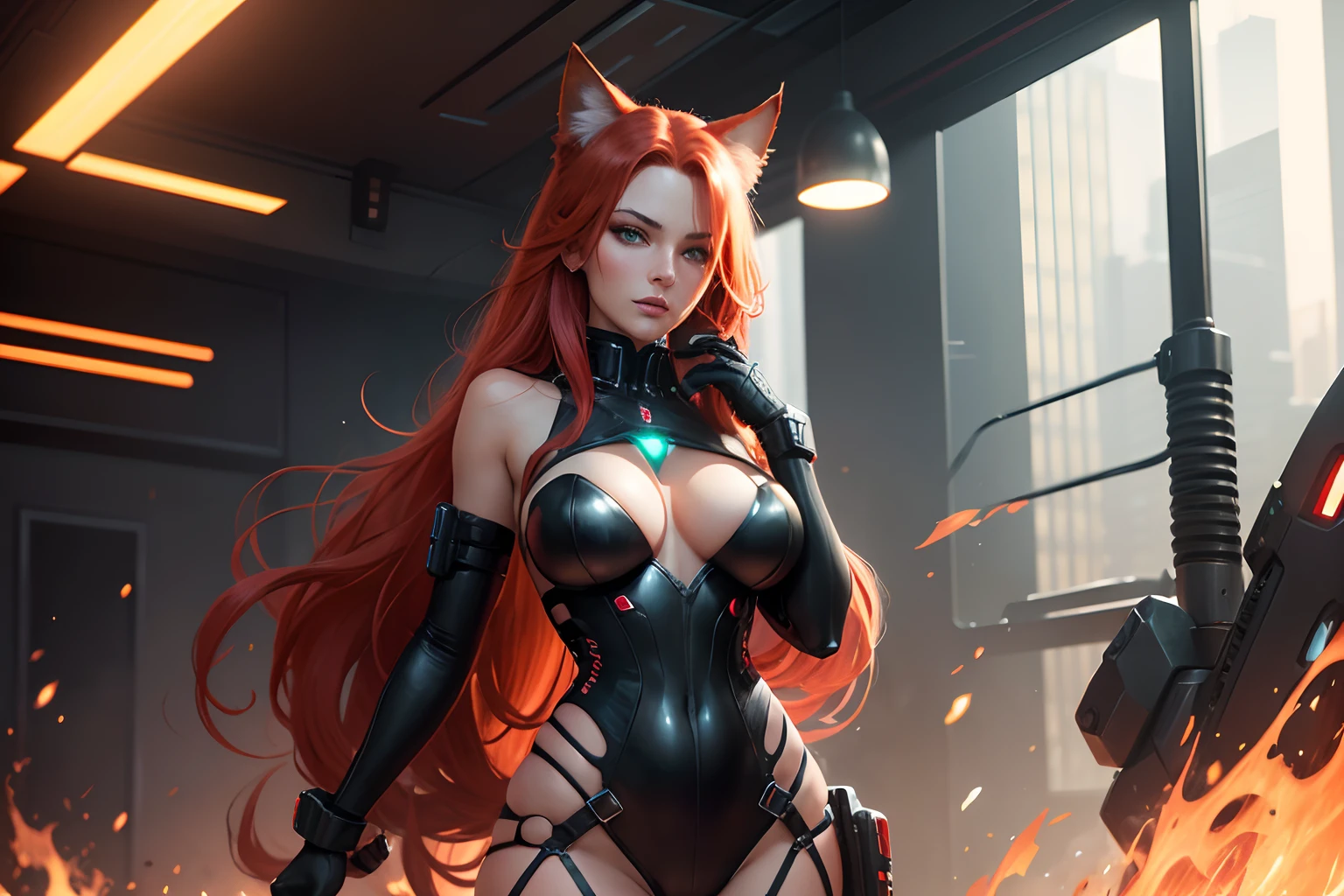 Create a high-resolution illustration of a captivating female character with long fire-red hair, matching fire-red cat ears, and intense deep green eyes. full body. she exudes a blend of elegance and mystique, seductive, and sexy. cyberpunk theme. Add a dynamic touch with a fire-red electric aura surrounding her, as if she's charging up. Aim for exceptional level of detail in this masterpiece.