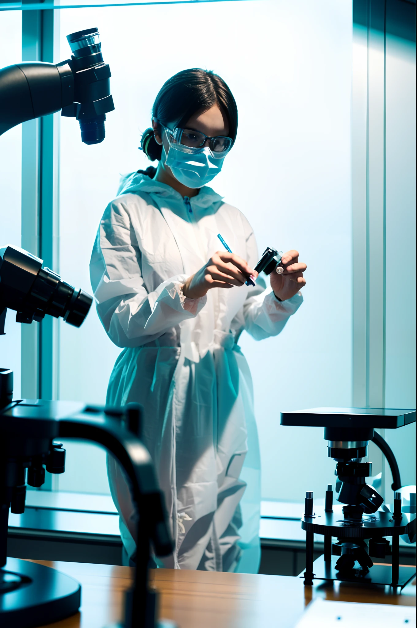 A young researcher analyzes a virus under a microscope. The girl wears a white coat, mask on her face. Inside a laboratory there is a table with laboratory test tubes, a computer and sheets. Daylight, cinematic. 8k