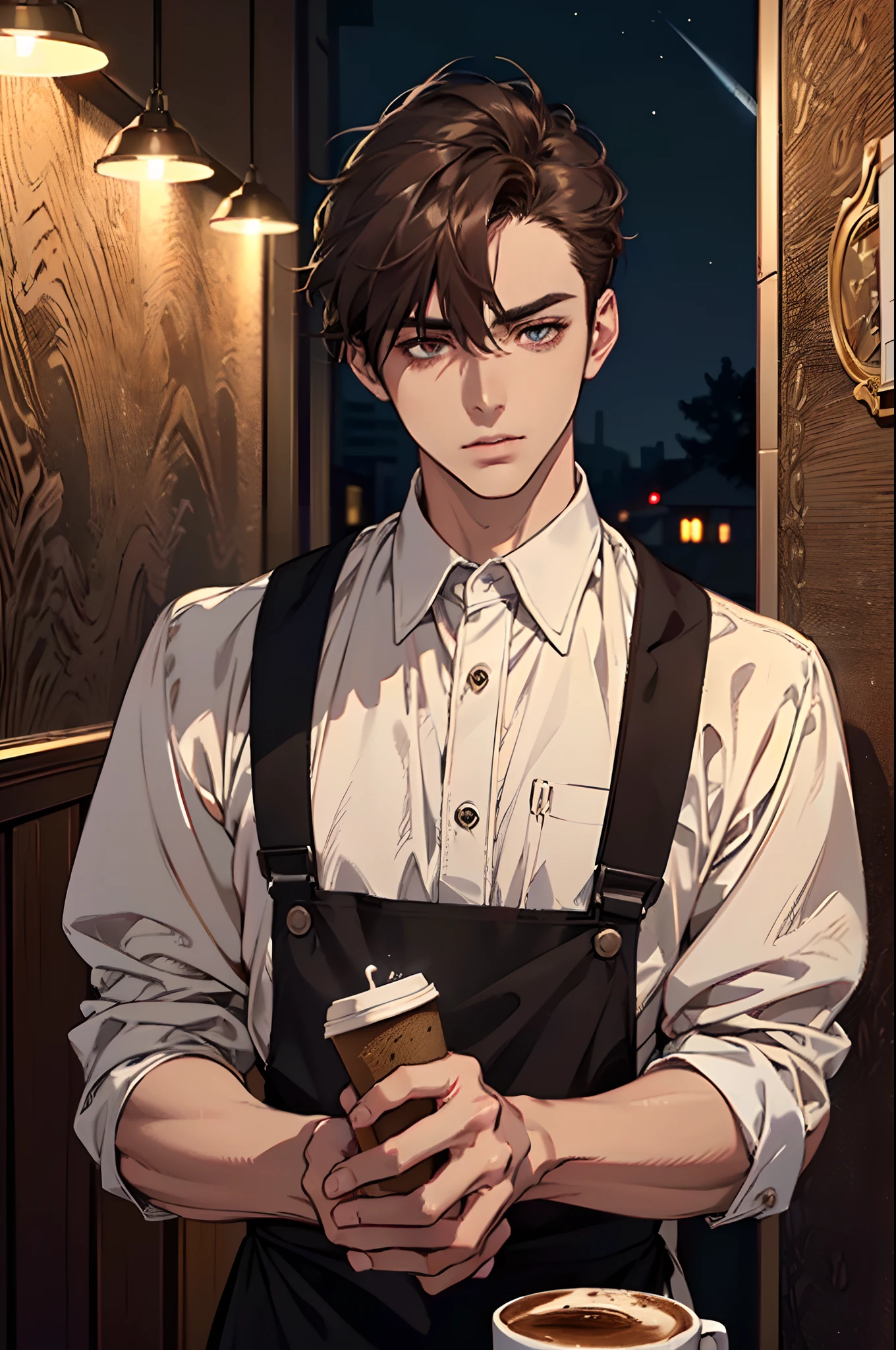 1 boy, beautiful male body, 24 years old , Body Length 180 cm, ((short hair, brown color, (Chin hair length), ((Hair length 10 inch)) (street hairstyle) , (Dark brown color eyes), realistic eyes, beautiful eyes, ((sharp eyes)), ((Cafe waiter clothes)), (8k wallpaper), ((coffee shop wallpaper)),  8k, high quilty, realistic, beautiful realistic, Cool details, raw photo, realistic clothing, dark brown hair, realistic hair, Light and cool lighting, photo realistic, Cel shaded, Gel lighting, ultra details, ((in the night)), simple muscles
