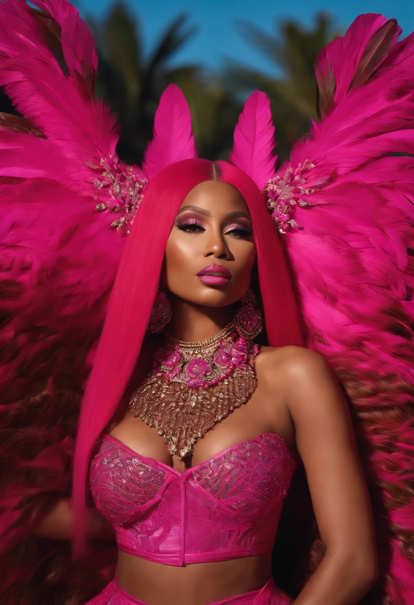 nicki minaj ,cabelo rosa,na fazenda brasileira,com indigenas,gravando clipe,super detalhe,8k