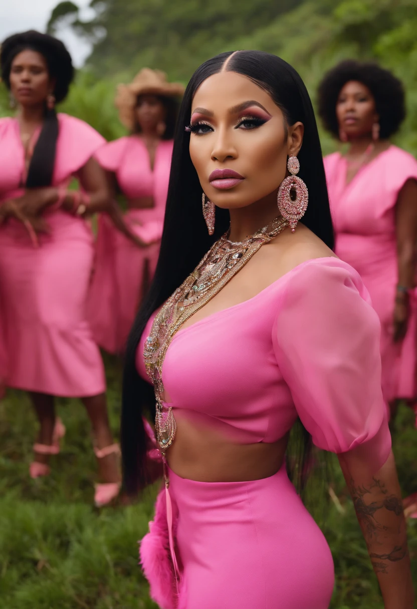 nicki minaj ,cabelo rosa,na fazenda brasileira,com indigenas,gravando clipe,super detalhe,8k