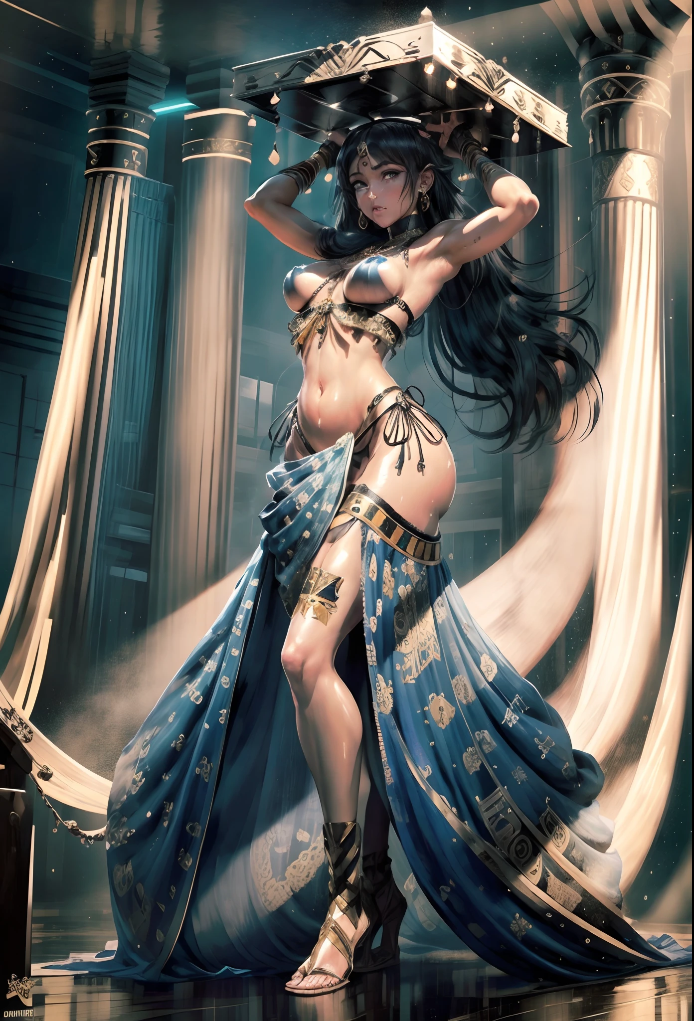 1 girl, Women, tanned skin, Pigmentation, Belly dance costume, Belly dance costume, Very Huge Big Chest, Egyptian Decor, Egyptians, Black Hair, Tie me up., long-haired, sharp face, Exquisite Face, Sharp navel, Sweaty Lot, Sweating profusely., Few pieces of clothing, Blue Eyes, sharp sweat;, HD, 4K, Stand on stage, Background contrast, Look at the audience., master-piece, Major contributions, sharp photo, attractive, Flawless., Sweaty Lot, (Unbeatable masterpiece:1.4), high-res, Sexy, ultra quality, Drenched body, Drenched breasts, Dreamy wet breast sweating, Manifestation of fatigue, Feeling tired, hold the sword