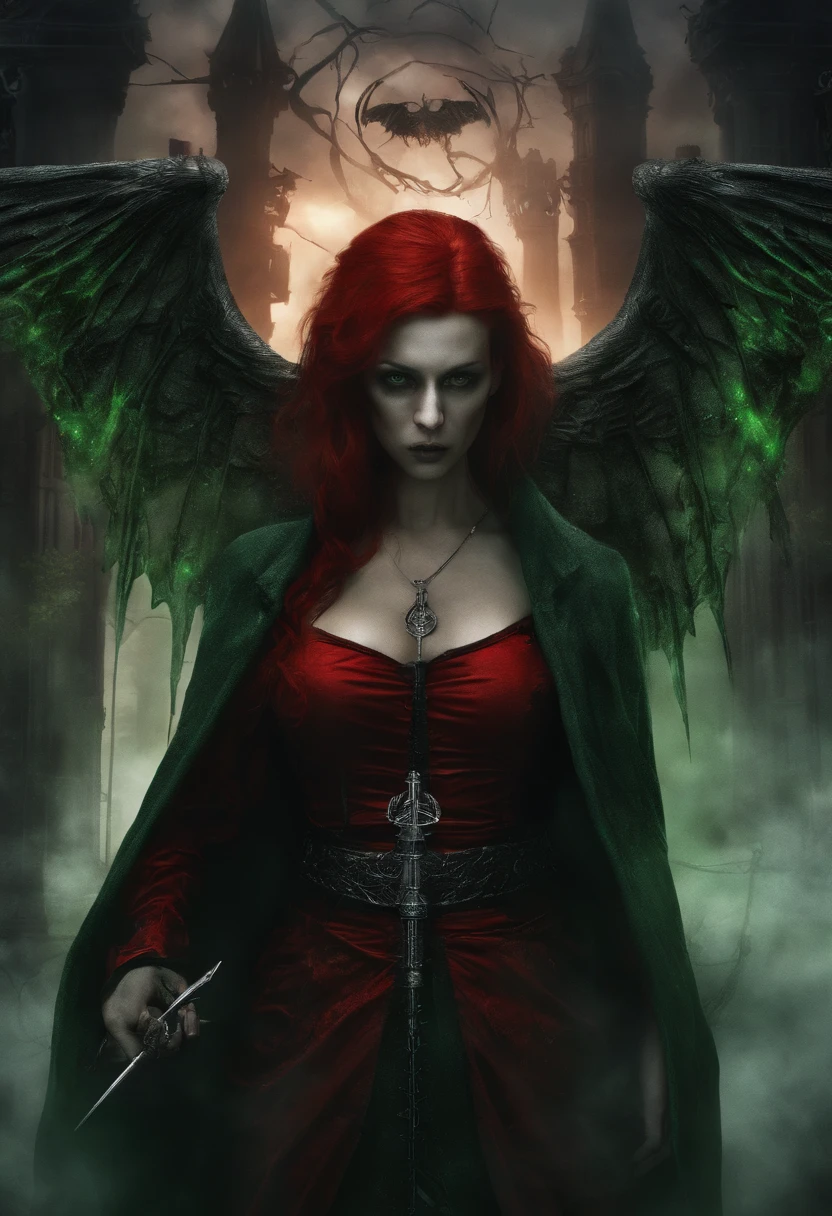 Beautiful Succubus, Red hair, Red eyes, Runic Tattoos, Piercings, bones, (((Short bright Red robe, Wings))), corset, holding staff, (((lightening coming from staff))), (((supernatural Green lighting))), Eerie, nightmarish, (((Mystical fog))), Rainy night, (((wizard tower in background))). Photo realistic, 8k post-ptoduction, cinematic shot, Ultra Detailed, High detail, sharp focus, intricate details
