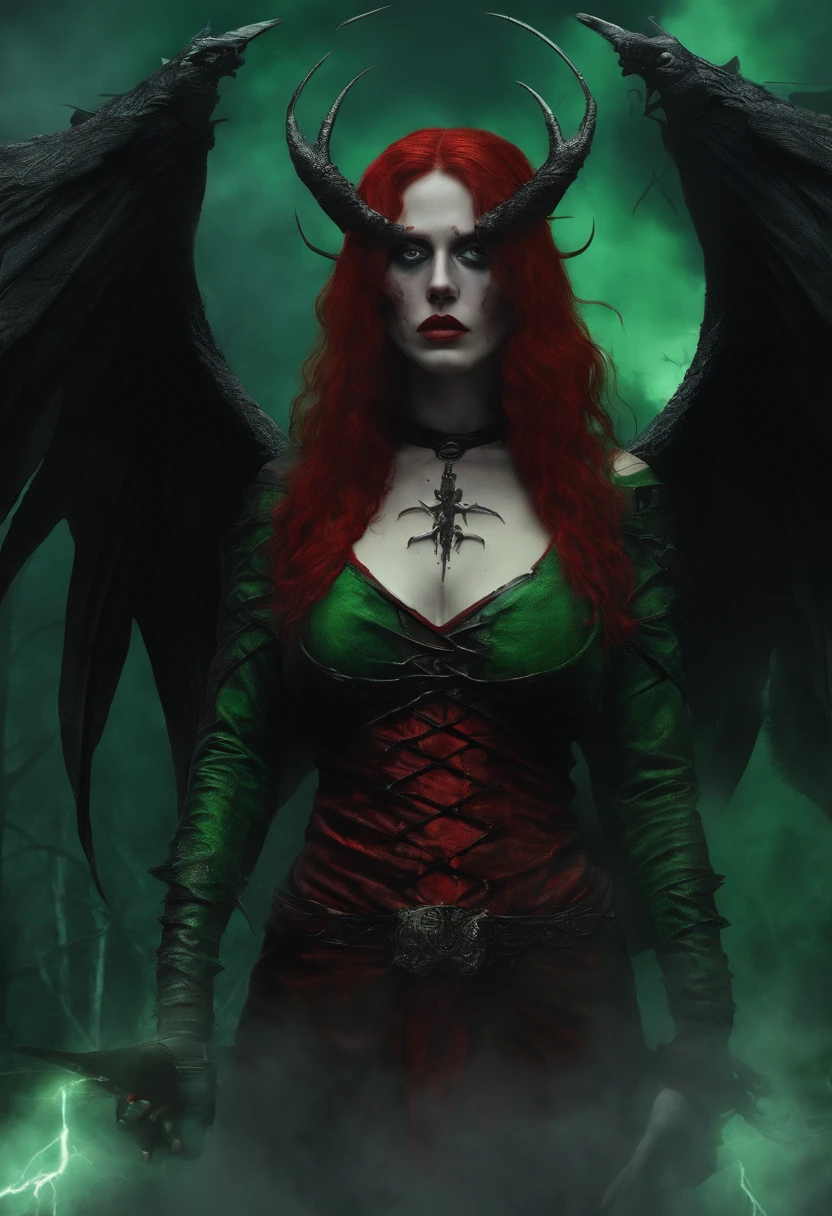 Beautiful Succubus, Red hair, Red eyes, Runic Tattoos, Piercings, bones, (((Short bright Red robe, Wings))), corset, holding staff, (((lightening coming from staff))), (((supernatural Green lighting))), Eerie, nightmarish, (((Mystical fog))), Rainy night, (((wizard tower in background))). Photo realistic, 8k post-ptoduction, cinematic shot, Ultra Detailed, High detail, sharp focus, intricate details