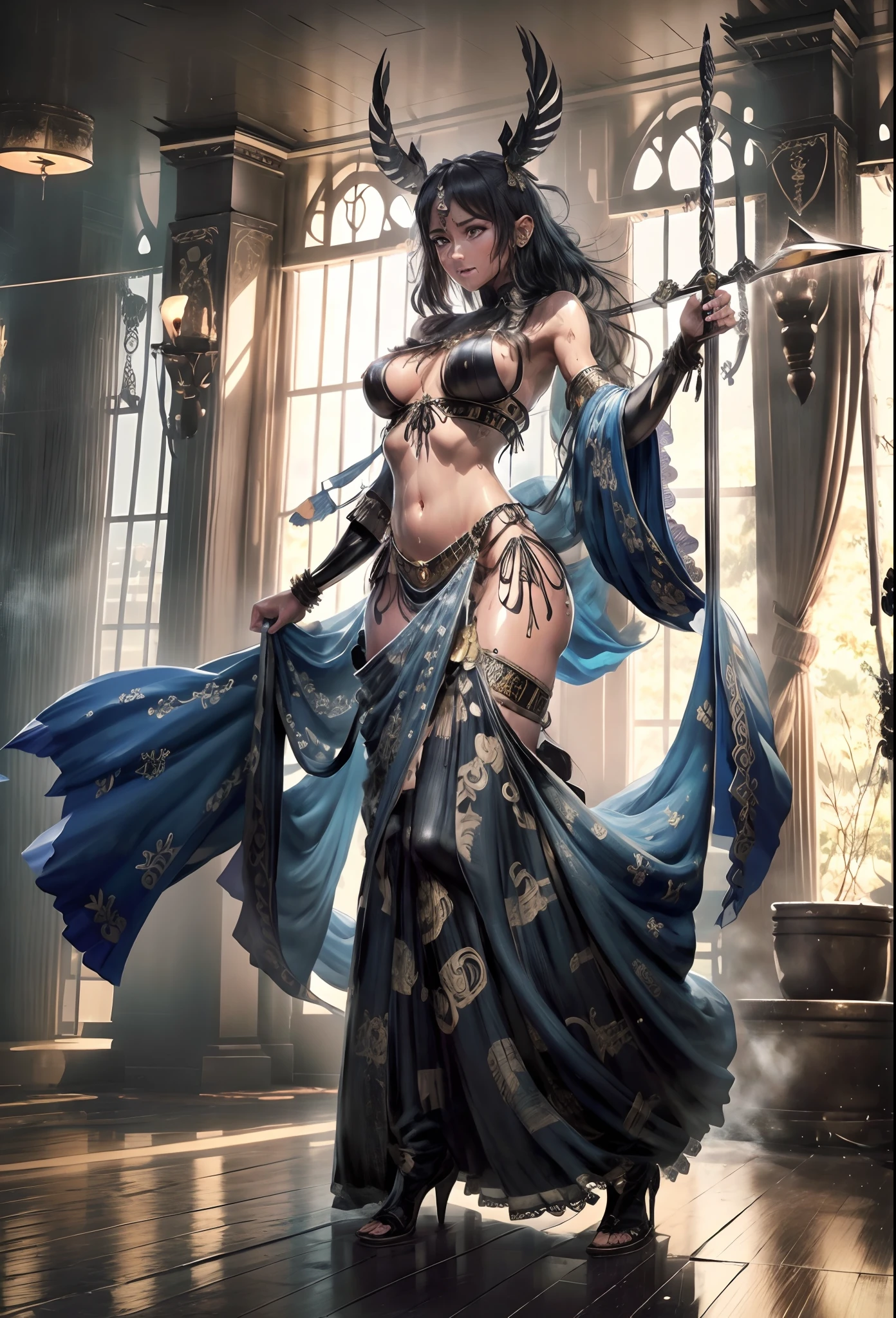 1 girl, Women, tanned skin, Pigmentation, Belly dance costume, Belly dance costume, Very Huge Big Chest, Egyptian Decor, Egyptians, Black Hair, Tie me up., long-haired, sharp face, Exquisite Face, Sharp navel, Sweaty Lot, Sweating profusely., Few pieces of clothing, Blue Eyes, sharp sweat;, HD, 4K, Stand on stage, Background contrast, Look at the audience., master-piece, Major contributions, sharp photo, attractive, Flawless., Sweaty Lot, (Unbeatable masterpiece:1.4), high-res, Sexy, ultra quality, Drenched body, Drenched breasts, Dreamy wet breast sweating, Manifestation of fatigue, Feeling tired, hold the sword