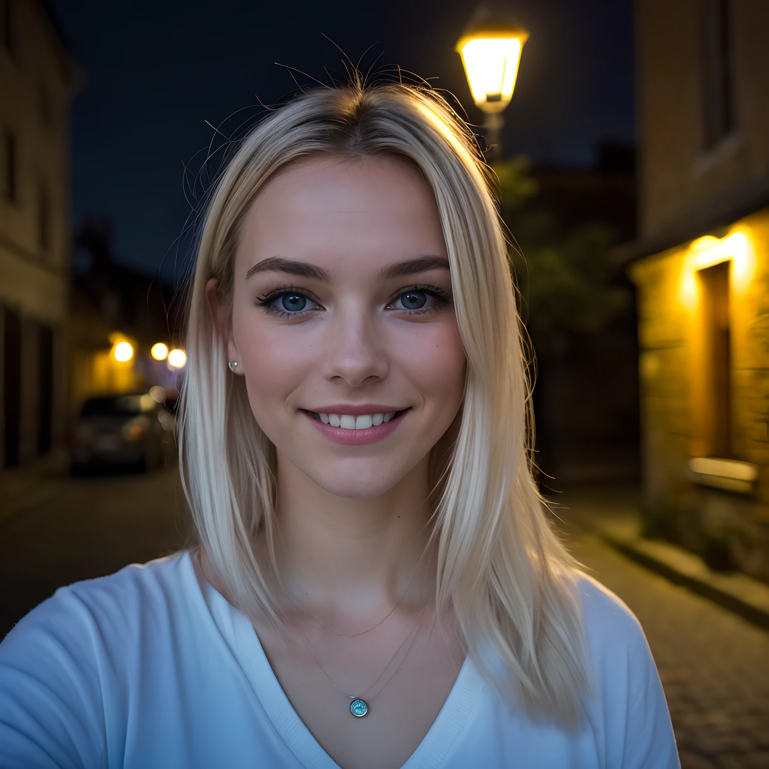 (Selfie, Plan: 1.4), (Right half of the body: 1.4), RAW UHD portrait photo of a 24-year-old blonde (Femme aux yeux bleus) Marcher dans une ruelle sombre, seins moyens,, City after day, (rocher), (Encolure), specifics (Tissu! , Cheveux! , Briller, Couleur!! , disadvantages: 1.1), Bright eyes with a high level of detail (staring into the camera), SLR lighting, Appareil photo reflex mono-objectif, ultra quality, re sharpness, profondeur de champ, Filmkorn (Milieu), Fujifilm XT3, Limpide, Rahmenmitte, beau visage, mise au point nette, street lamp, Neonbeleuchtung, Bokeh (dimly lit), Nuit, (Ciel nocturne), Detailed skin pores, peau grasse, Coup de soleil, Complex eyesDetails, corps entier entier, gros seins sourire